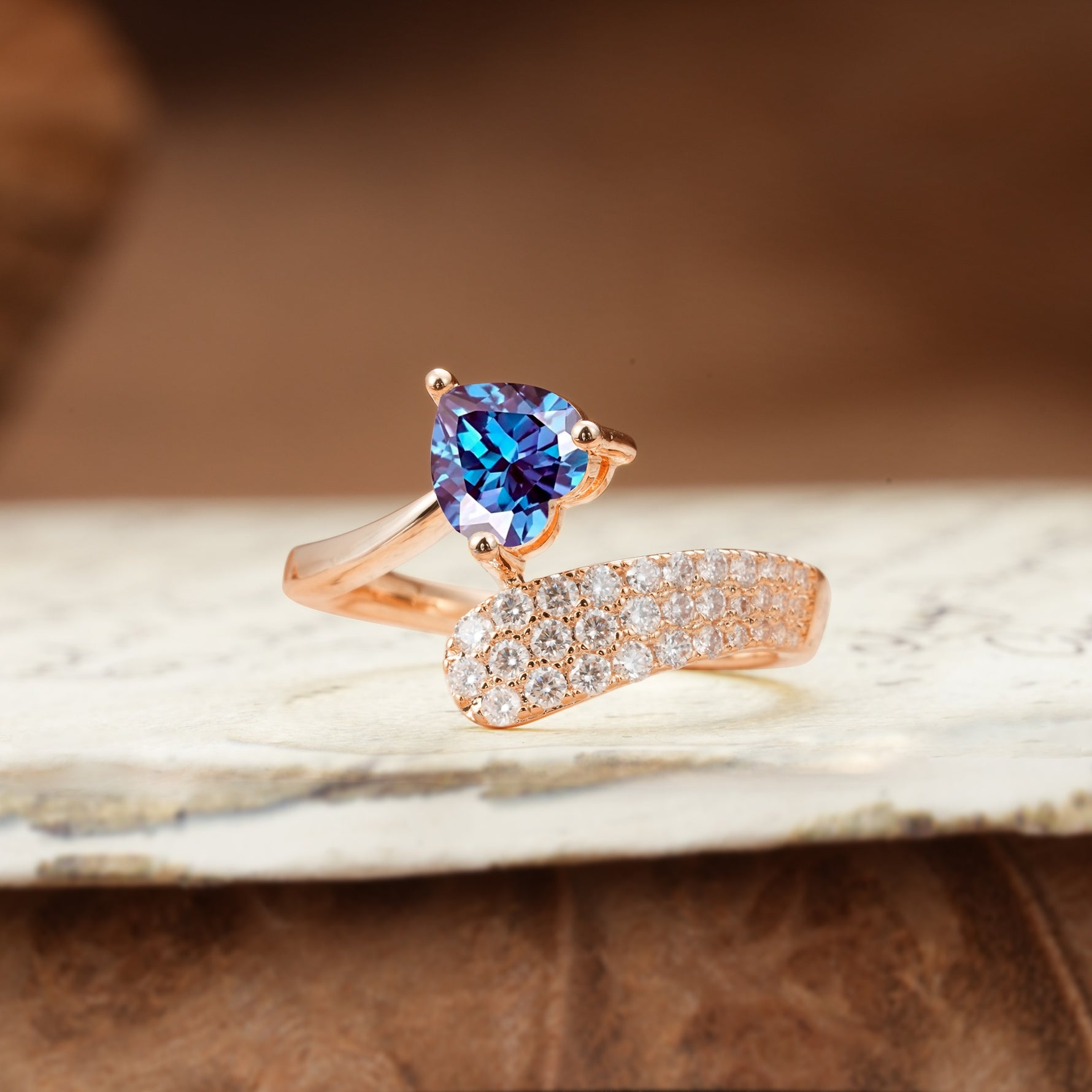 Unique & Luxurious Single-Row Pavé, 3-Prong, Heart-Cut Diamond Ring Alexandrite Engagement Ring - Additional view