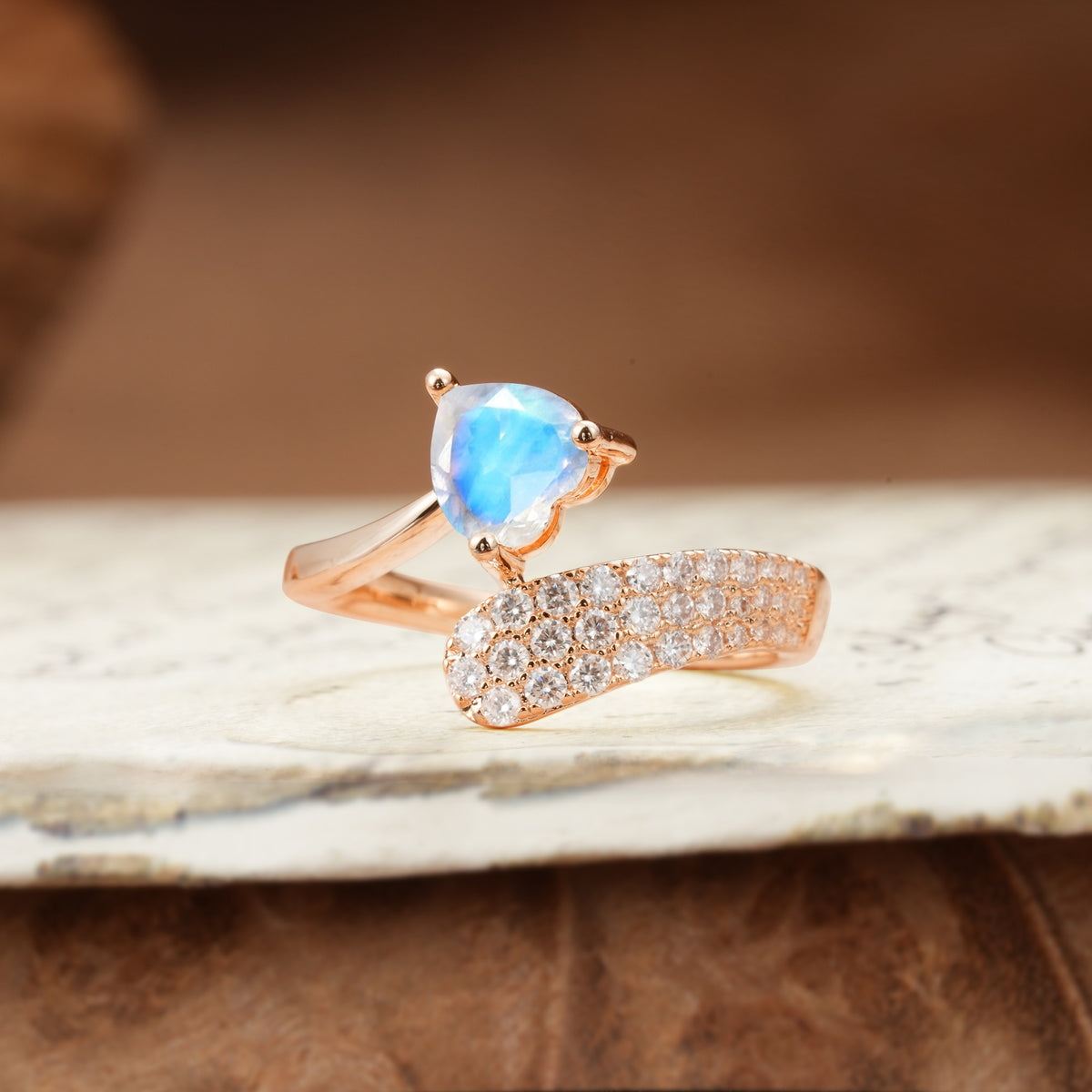Unique & Luxurious Single-Row Pavé, 3-Prong, Heart-Cut Diamond Ring Moonstone Engagement Ring - Additional view