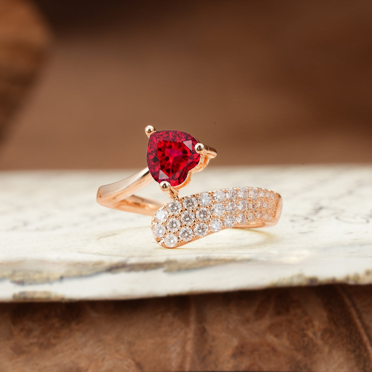Unique & Luxurious Single-Row Pavé, 3-Prong, Heart-Cut Diamond Ring Ruby Engagement Ring - Additional view