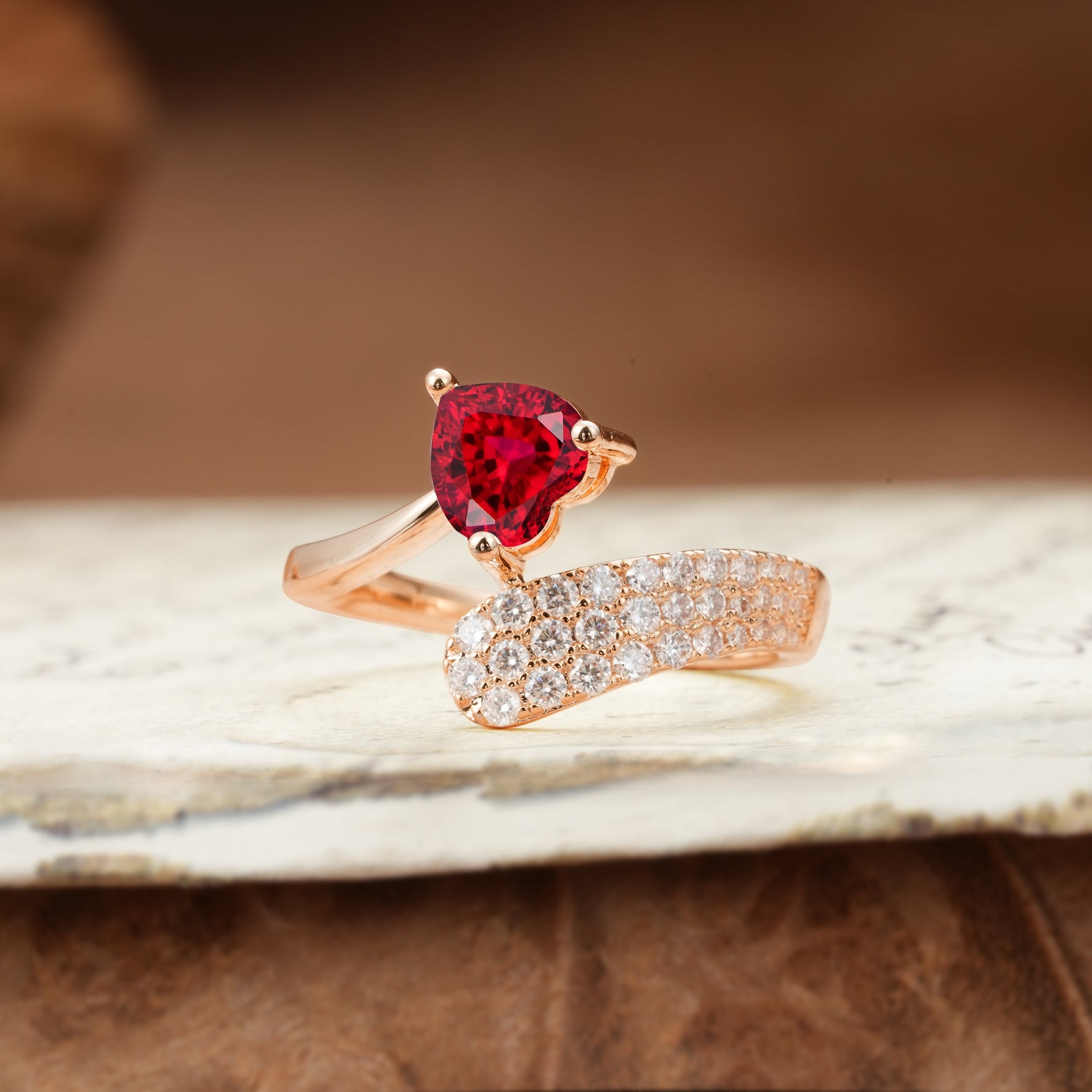 Unique & Luxurious Single-Row Pavé, 3-Prong, Heart-Cut Diamond Ring Ruby Engagement Ring - Additional view