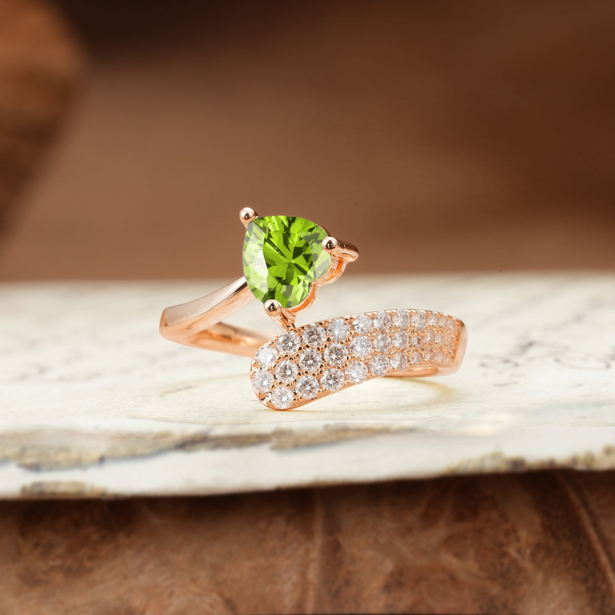 Unique & Luxurious Single-Row Pavé, 3-Prong, Heart-Cut Diamond Ring Peridot Engagement Ring - Additional view