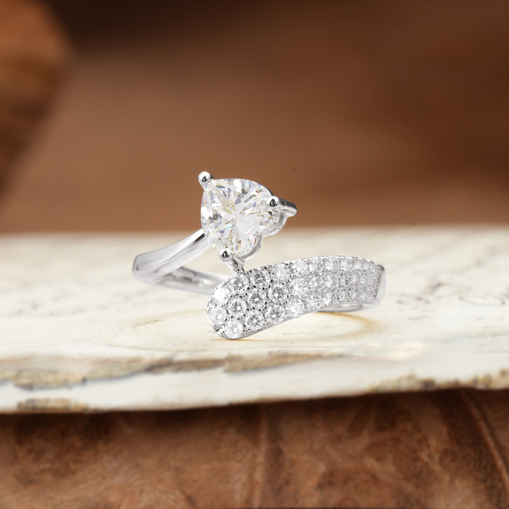 Unique & Luxurious Single-Row Pavé, 3-Prong, Heart-Cut Diamond Ring Moissanite Engagement Ring - Additional view