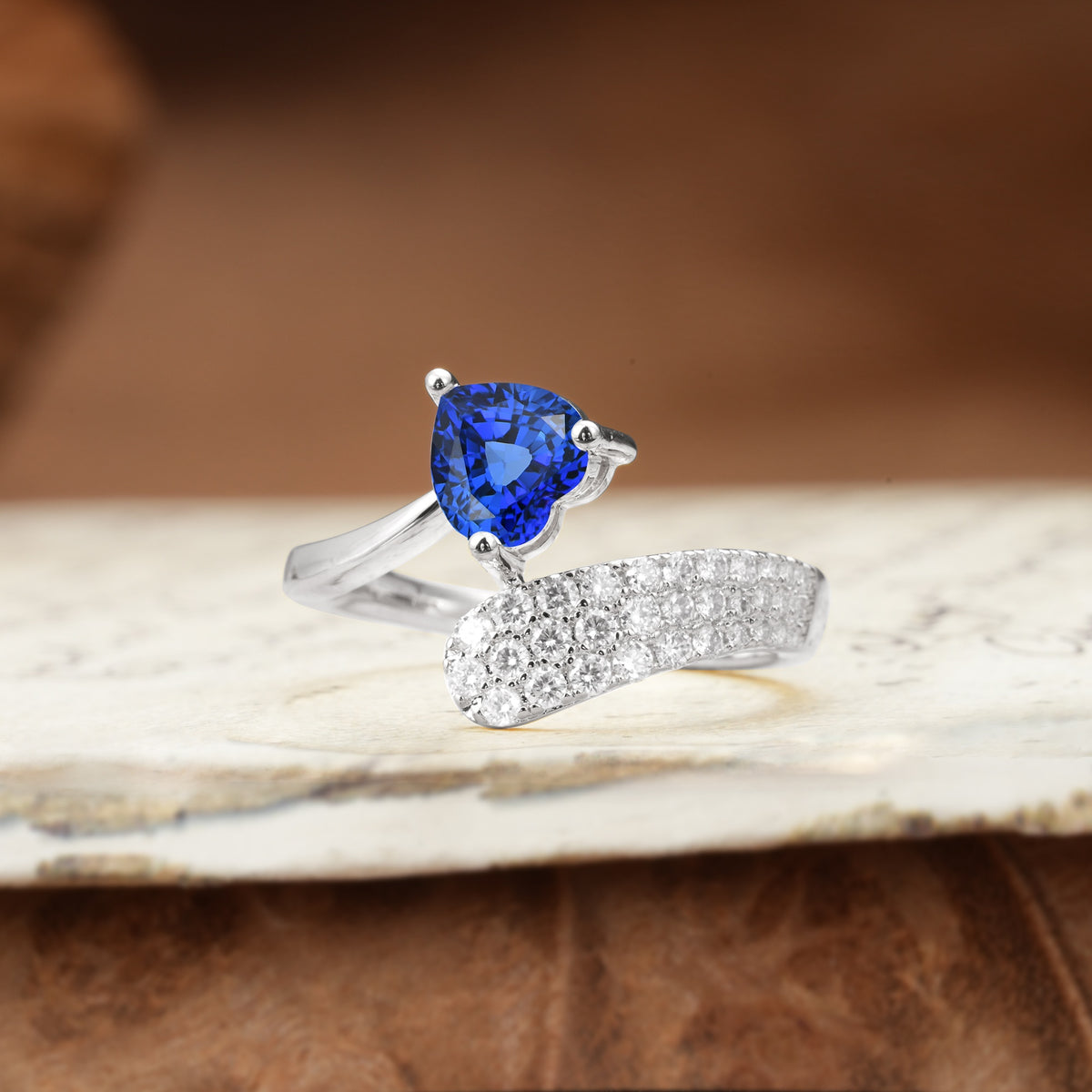 Unique & Luxurious Single-Row Pavé, 3-Prong, Heart-Cut Diamond Ring Sapphire Engagement Ring - Additional view