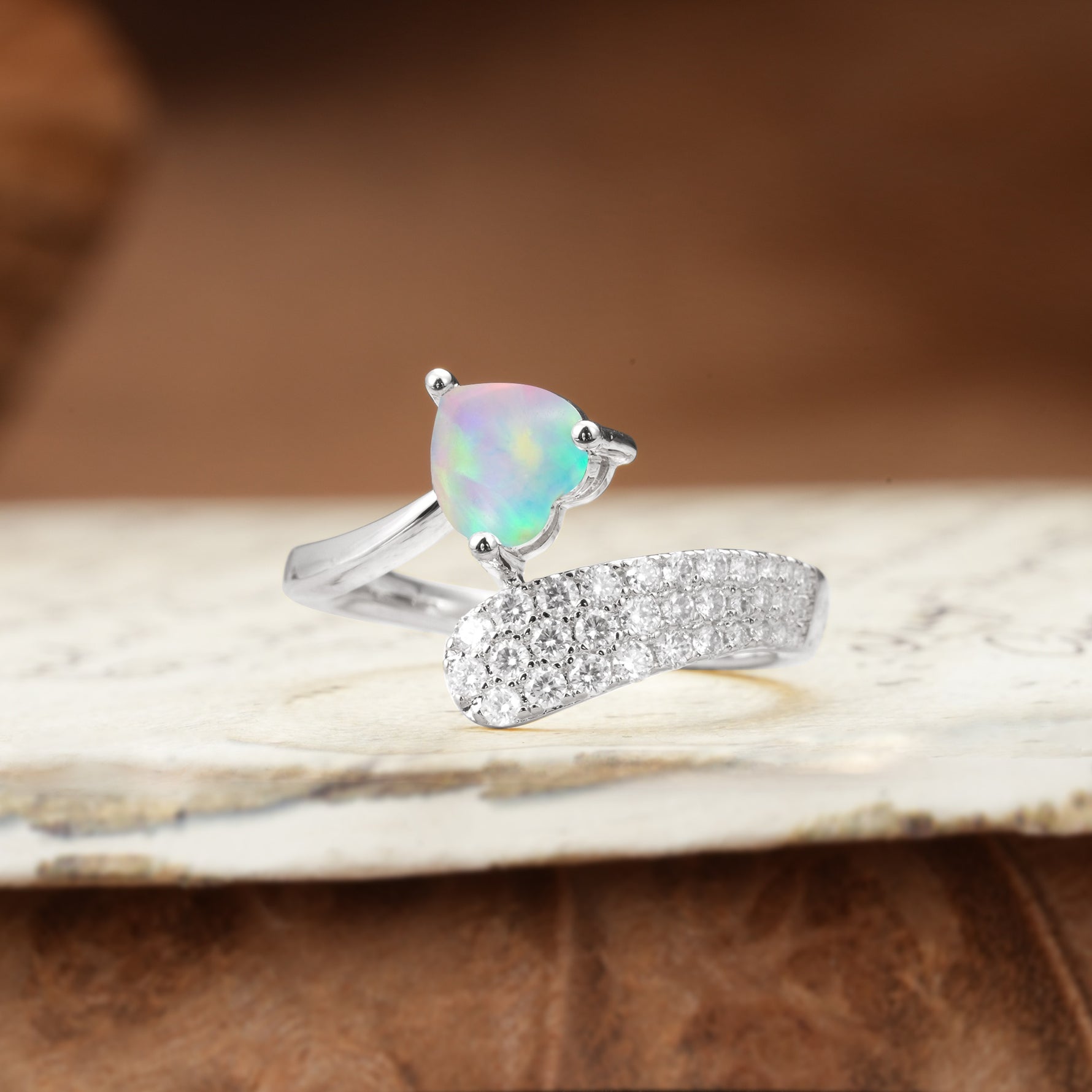 Unique & Luxurious Single-Row Pavé, 3-Prong, Heart-Cut Diamond Ring Fire Opal Engagement Ring - Additional view