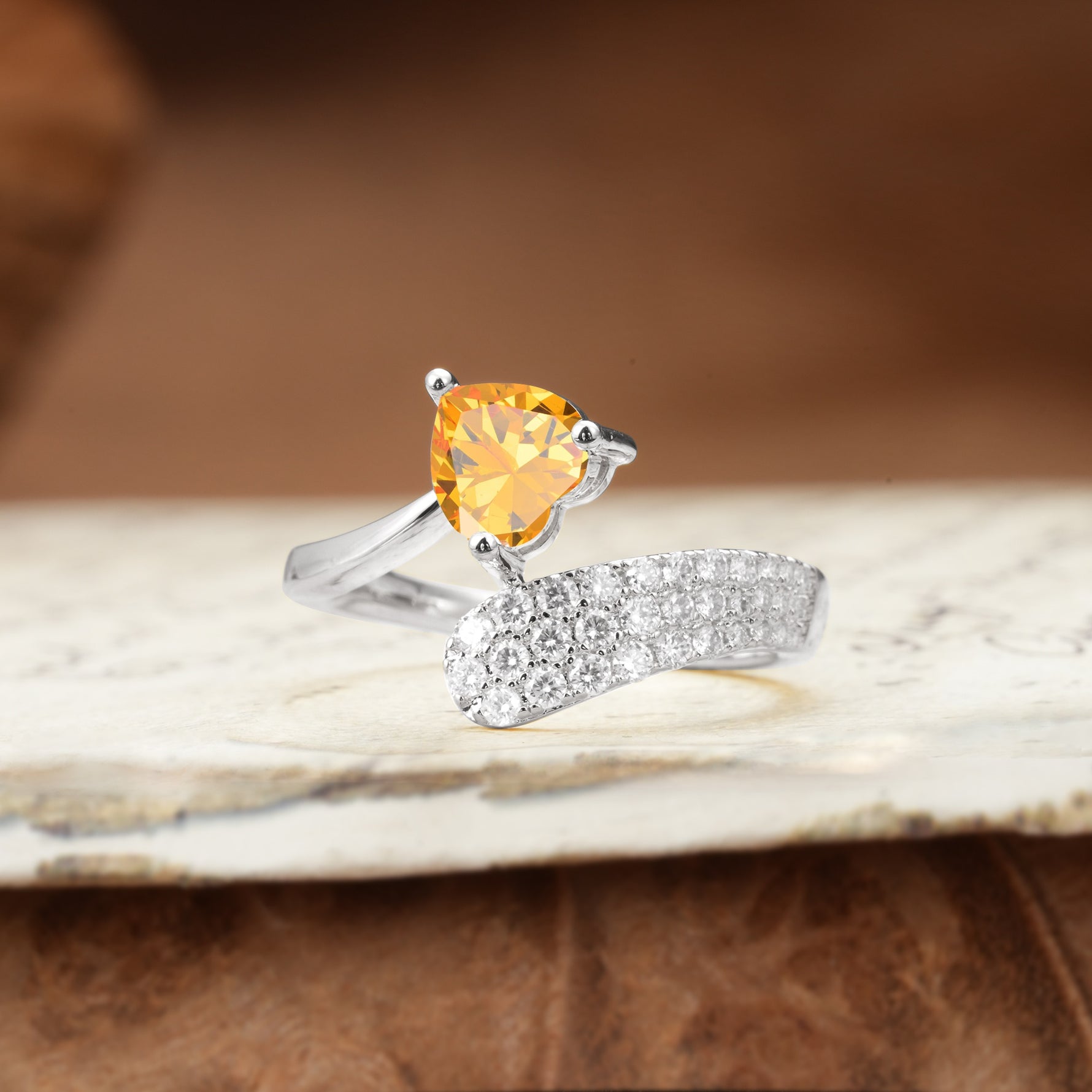 Unique & Luxurious Single-Row Pavé, 3-Prong, Heart-Cut Diamond Ring Citrine Engagement Ring - Additional view