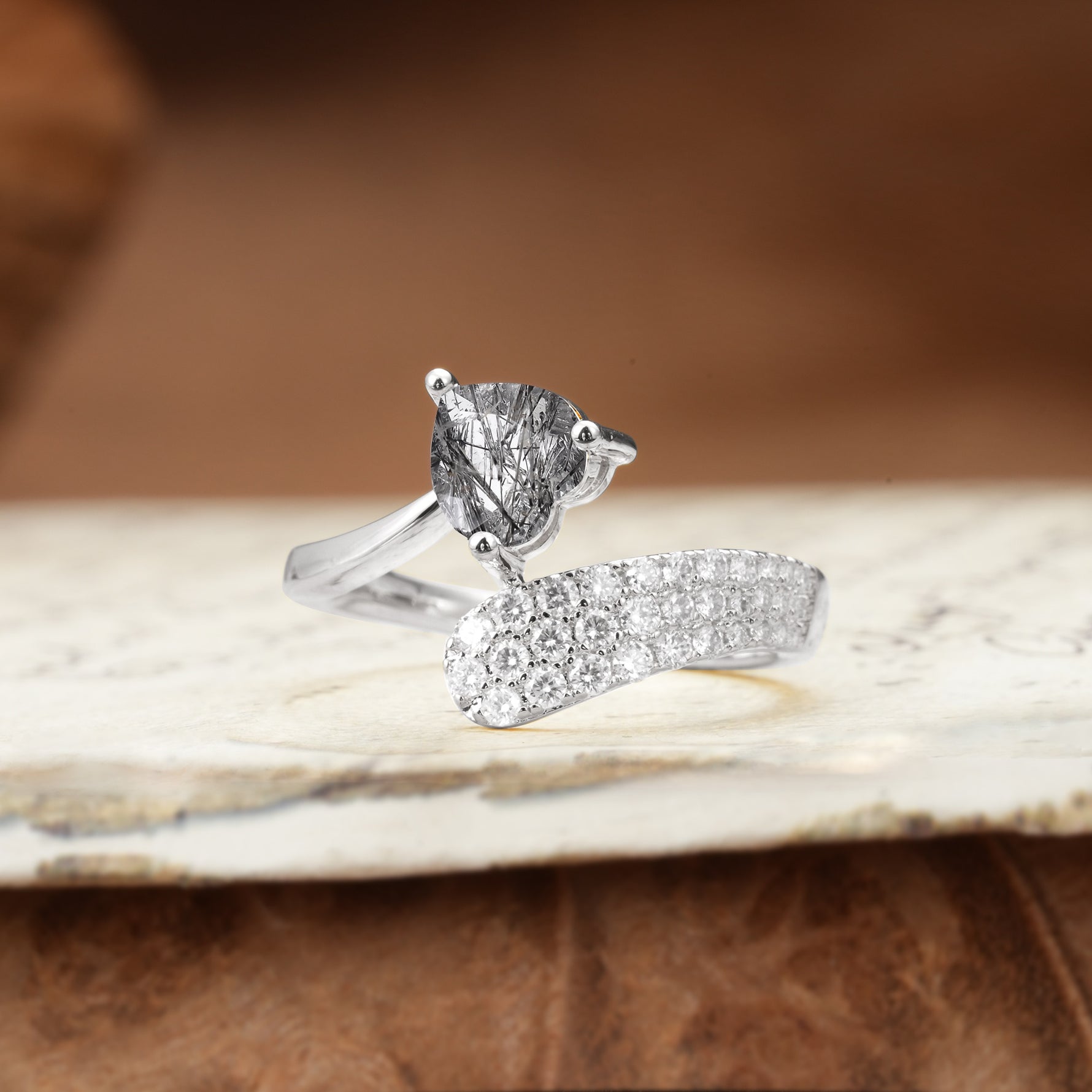 Unique & Luxurious Single-Row Pavé, 3-Prong, Heart-Cut Diamond Ring Black Rutilated Quartz Engagement Ring - Additional view