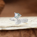Unique & Luxurious Single-Row Pavé, 3-Prong, Heart-Cut Diamond Ring Moss Agate Engagement Ring - Additional view