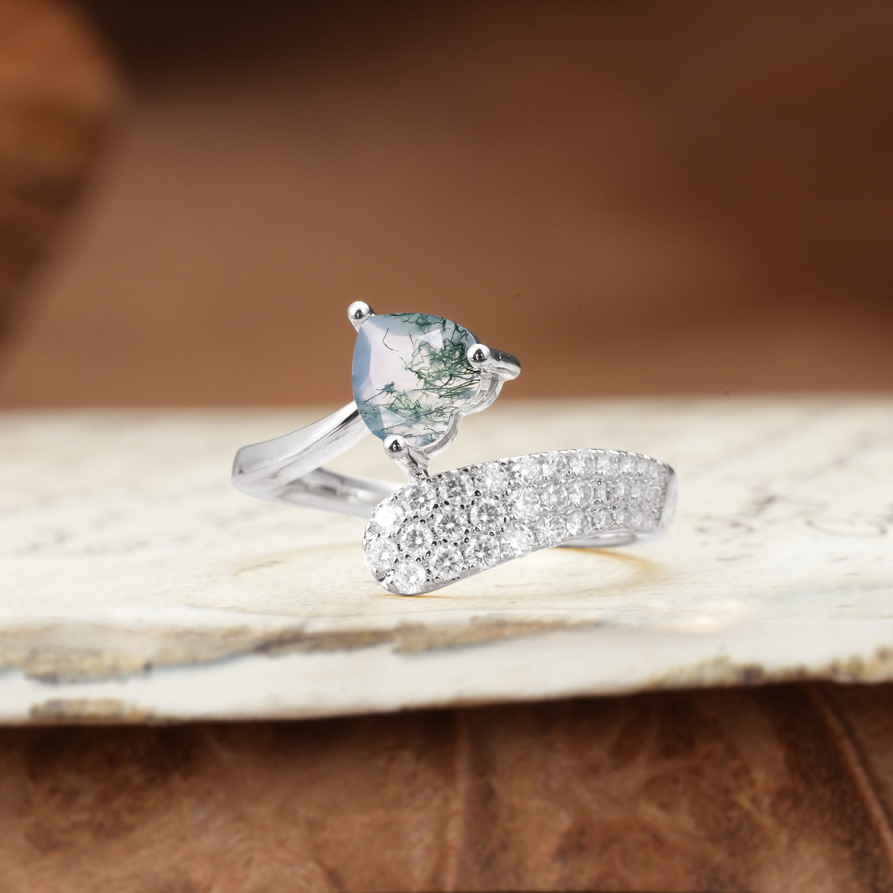 Unique & Luxurious Single-Row Pavé, 3-Prong, Heart-Cut Diamond Ring Moss Agate Engagement Ring - Additional view