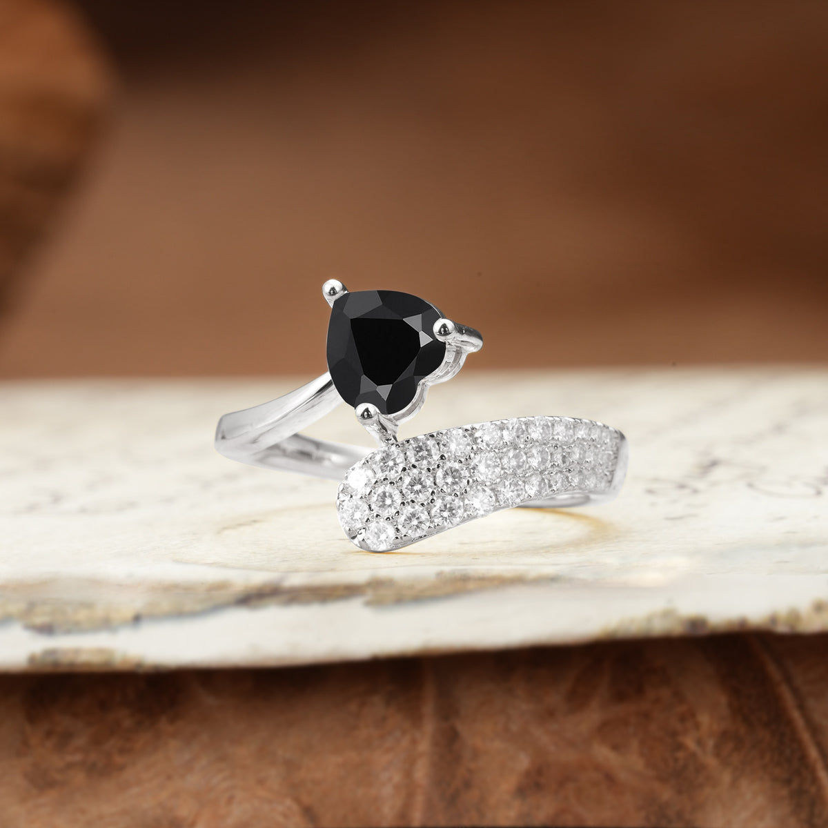 Unique & Luxurious Single-Row Pavé, 3-Prong, Heart-Cut Diamond Ring Black Onyx Engagement Ring - Additional view
