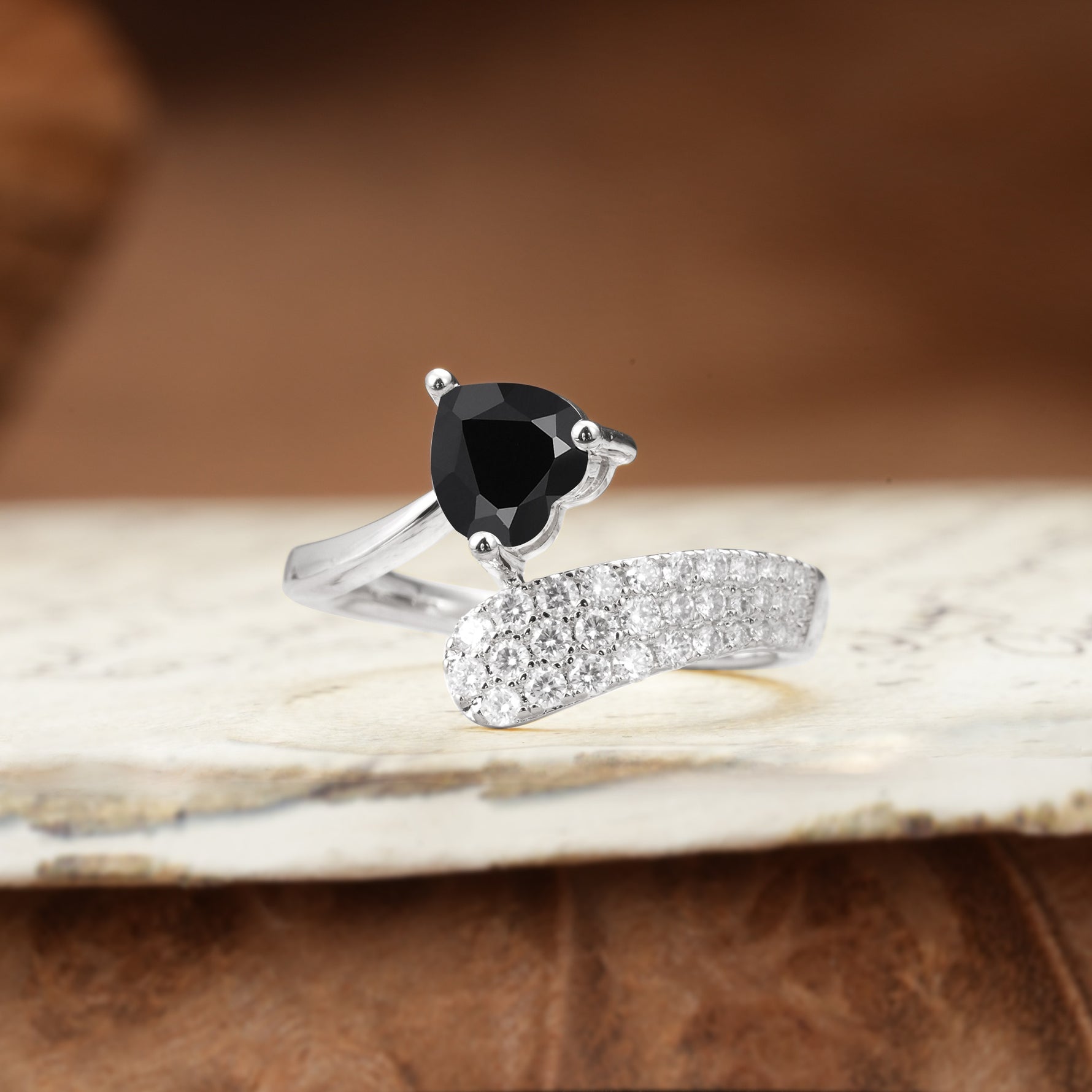 Unique & Luxurious Single-Row Pavé, 3-Prong, Heart-Cut Diamond Ring Black Onyx Engagement Ring - Additional view