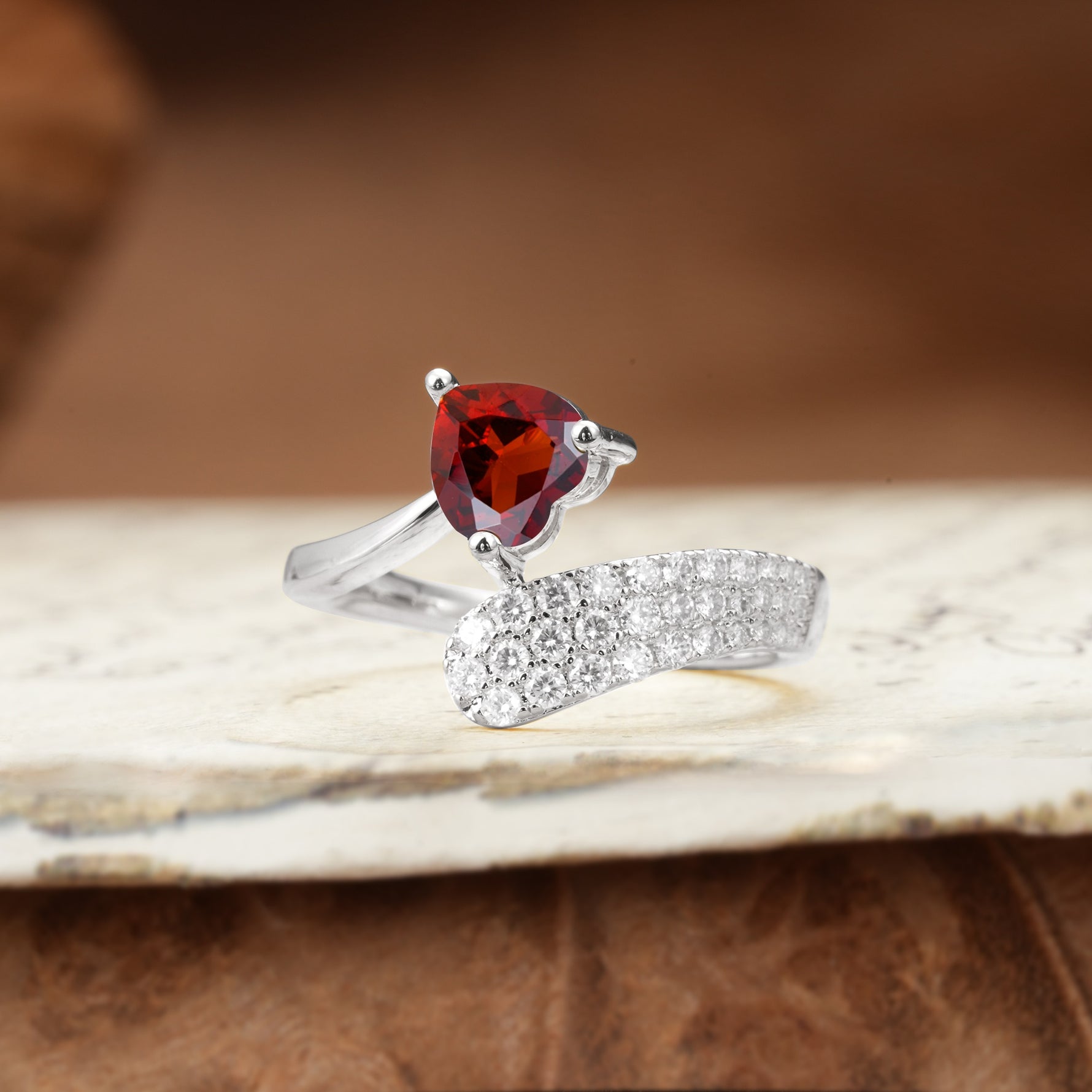 Unique & Luxurious Single-Row Pavé, 3-Prong, Heart-Cut Diamond Ring Garnet Engagement Ring - Additional view
