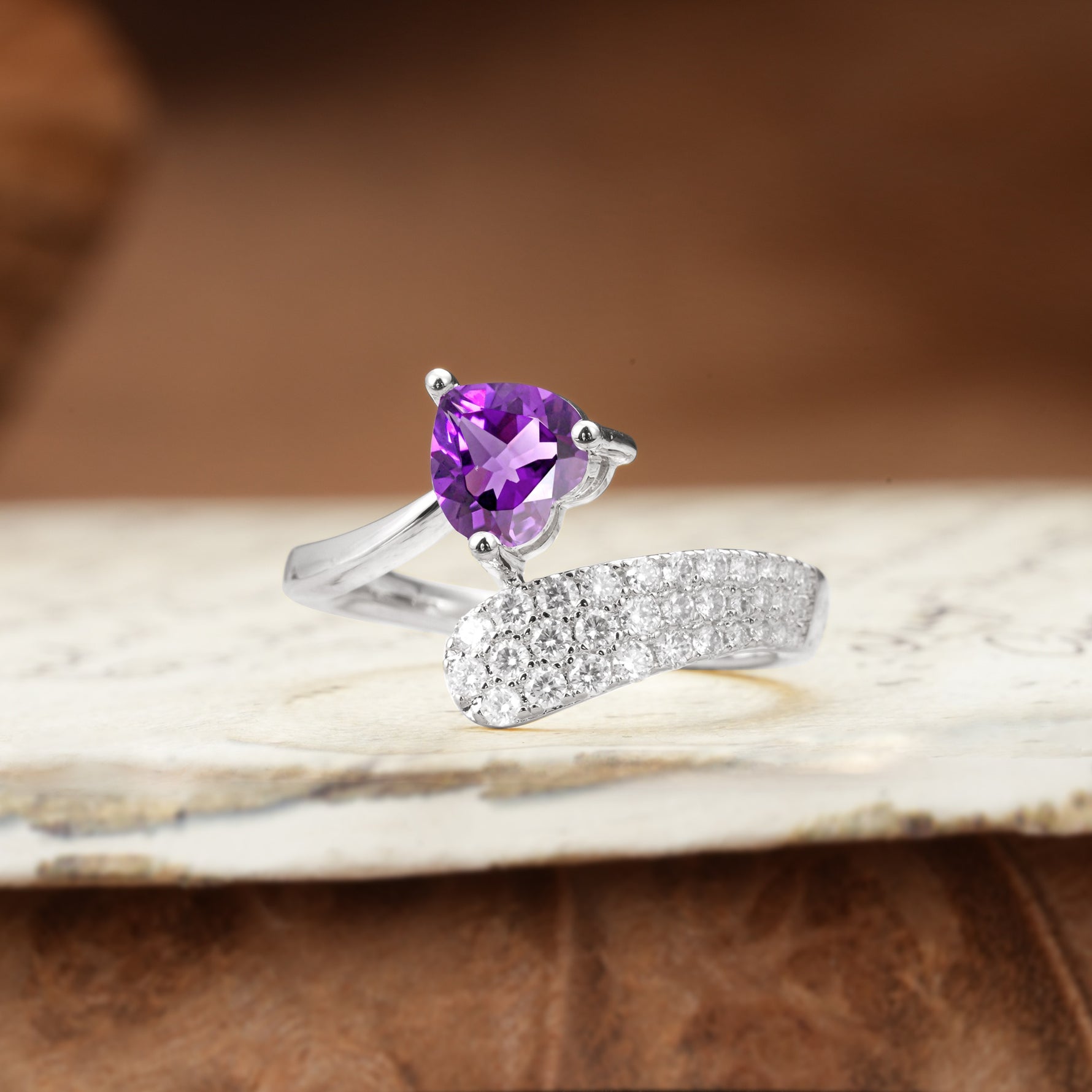 Unique & Luxurious Single-Row Pavé, 3-Prong, Heart-Cut Diamond Ring Amethyst Engagement Ring - Additional view