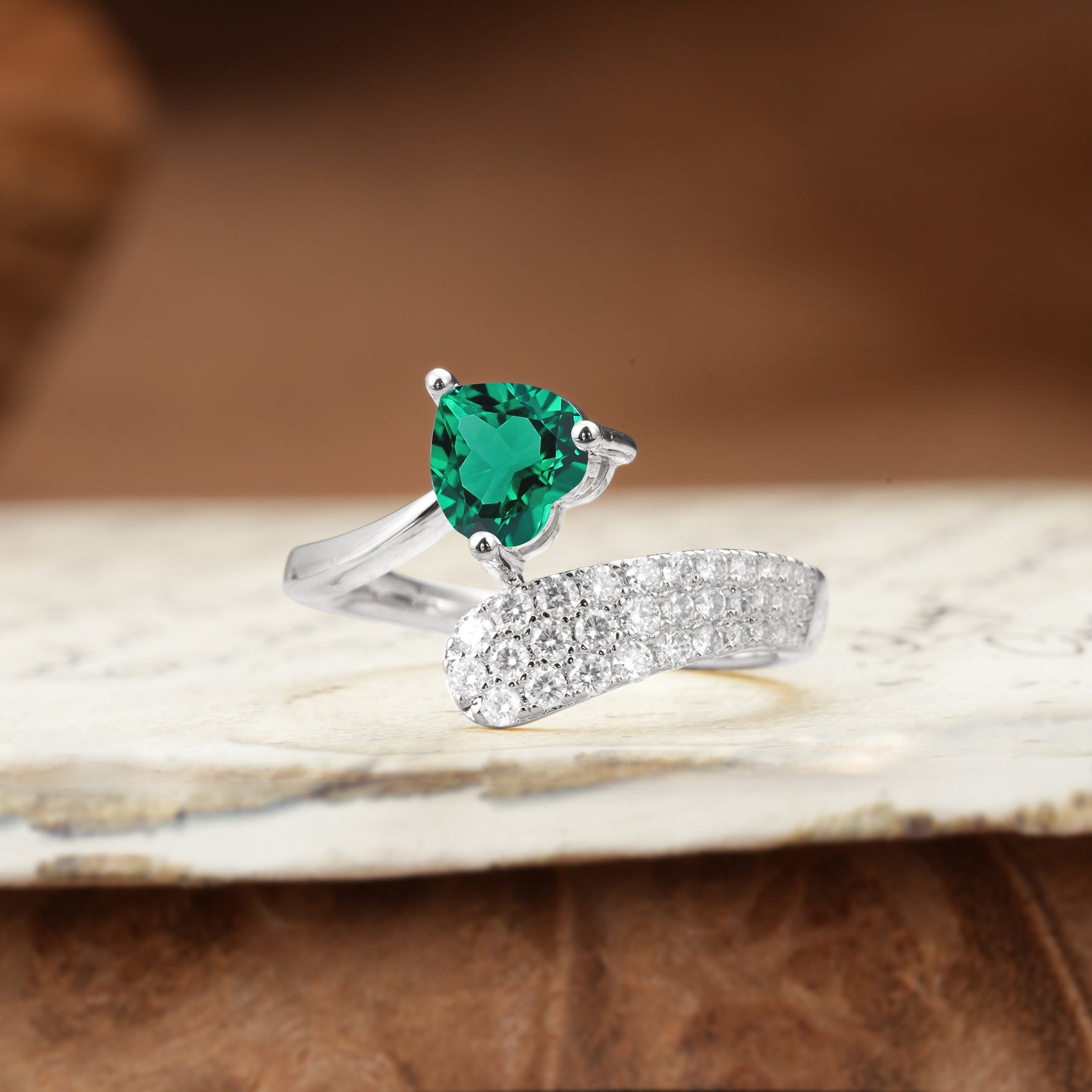 Unique & Luxurious Single-Row Pavé, 3-Prong, Heart-Cut Diamond Ring Emerald Engagement Ring - Additional view