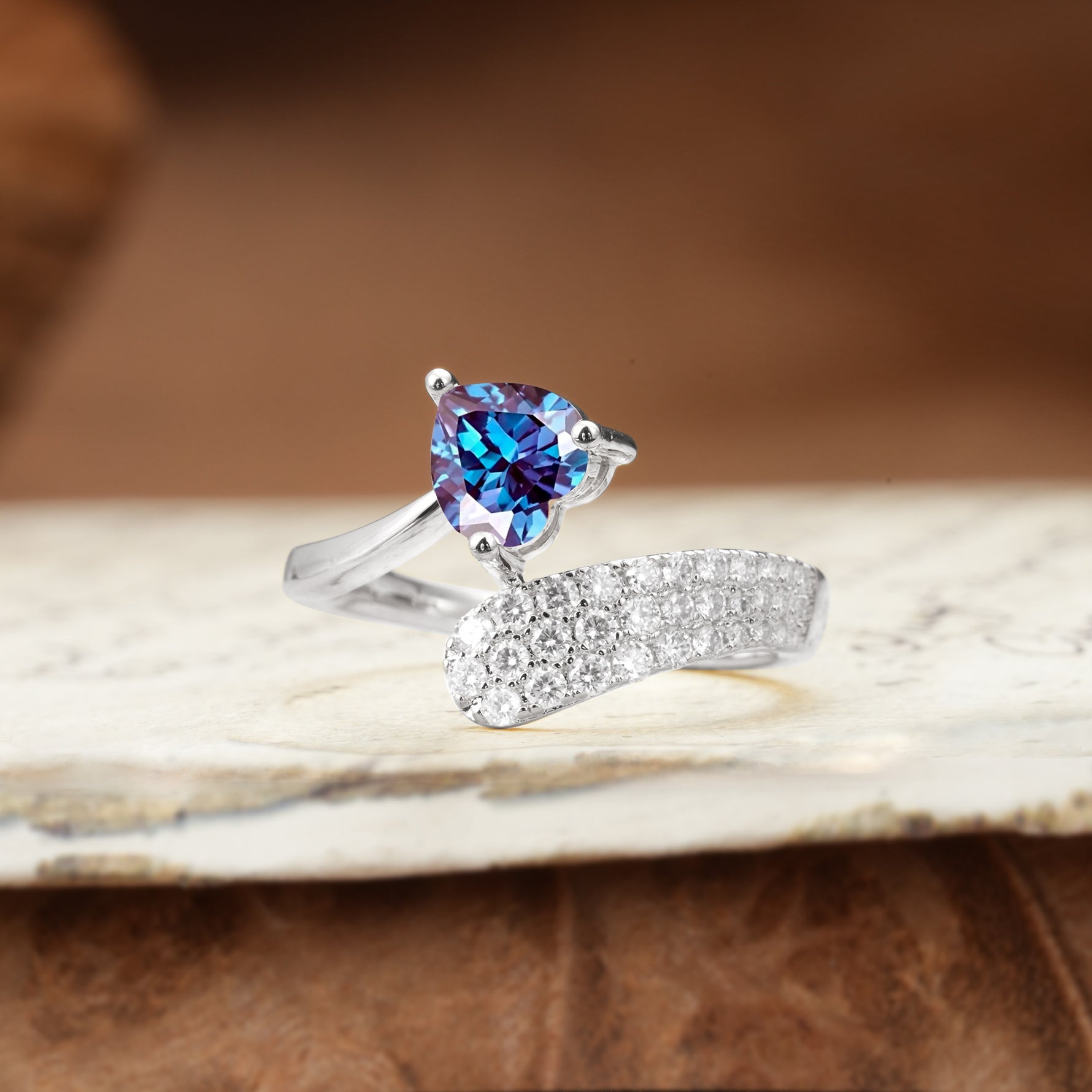 Unique & Luxurious Single-Row Pavé, 3-Prong, Heart-Cut Diamond Ring Alexandrite Engagement Ring - Additional view