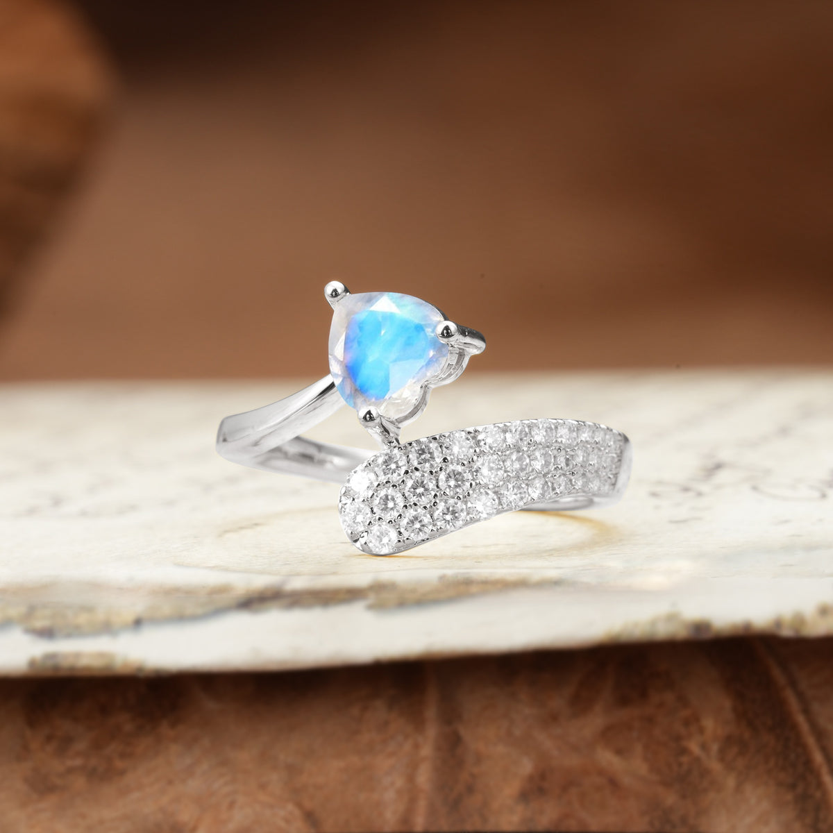 Unique & Luxurious Single-Row Pavé, 3-Prong, Heart-Cut Diamond Ring Moonstone Engagement Ring - Additional view