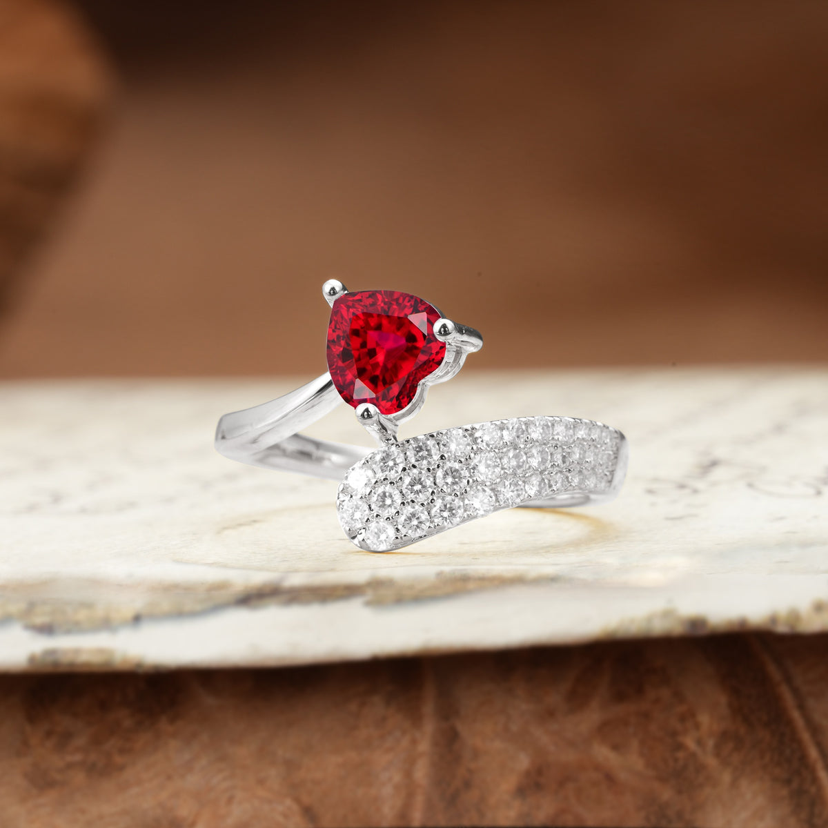 Unique & Luxurious Single-Row Pavé, 3-Prong, Heart-Cut Diamond Ring Ruby Engagement Ring - Additional view