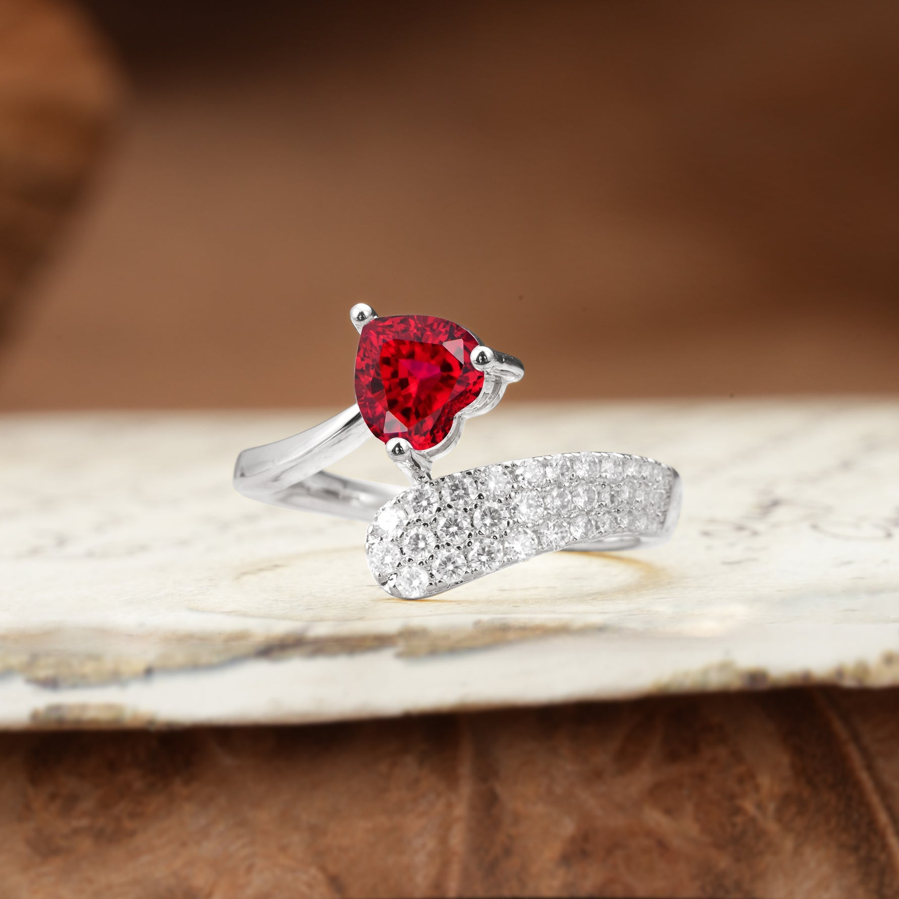Unique & Luxurious Single-Row Pavé, 3-Prong, Heart-Cut Diamond Ring Ruby Engagement Ring - Additional view