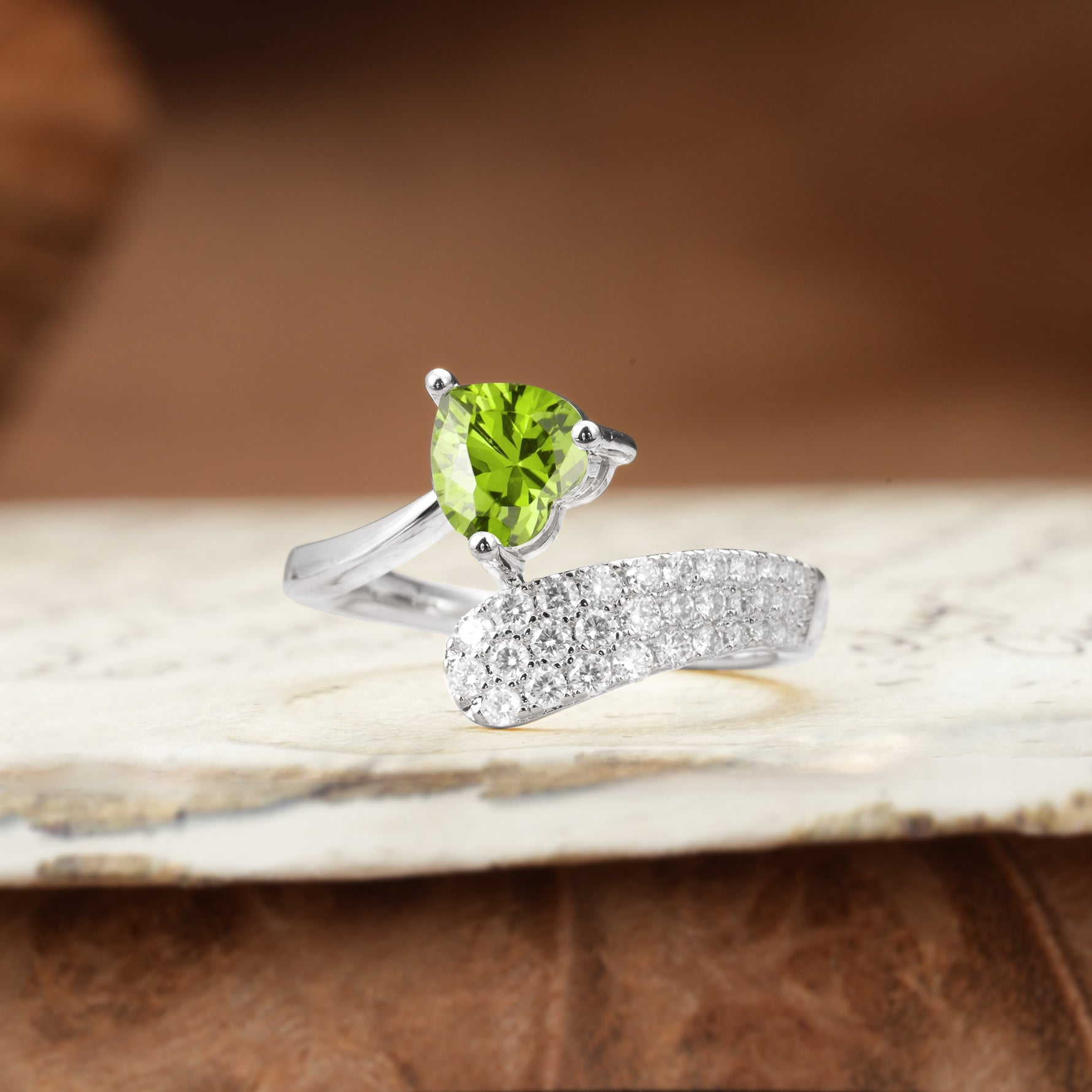 Unique & Luxurious Single-Row Pavé, 3-Prong, Heart-Cut Diamond Ring Peridot Engagement Ring - Additional view