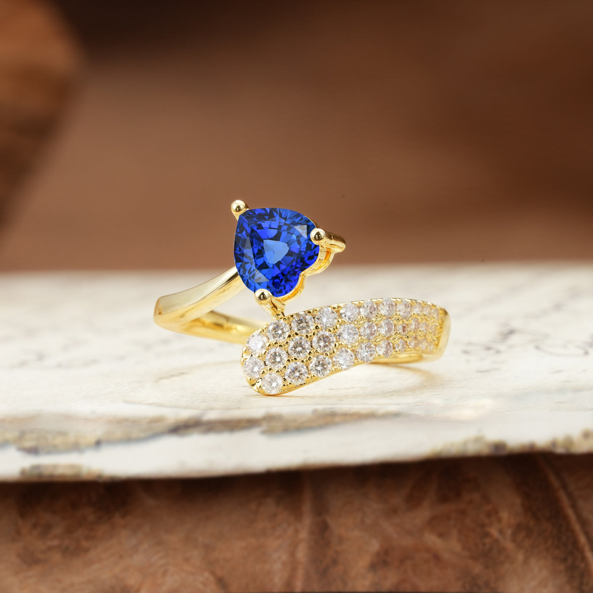 Unique & Luxurious Single-Row Pavé, 3-Prong, Heart-Cut Diamond Ring Sapphire Engagement Ring - Additional view