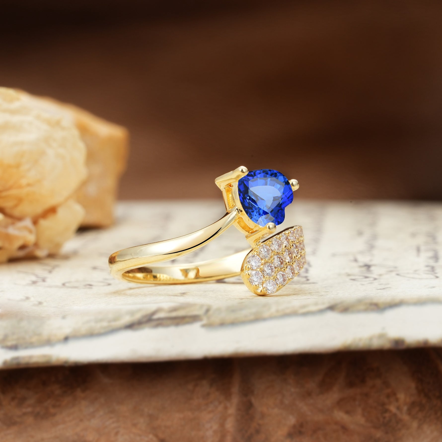 Unique & Luxurious Single-Row Pavé, 3-Prong, Heart-Cut Diamond Ring Sapphire Engagement Ring - Additional view