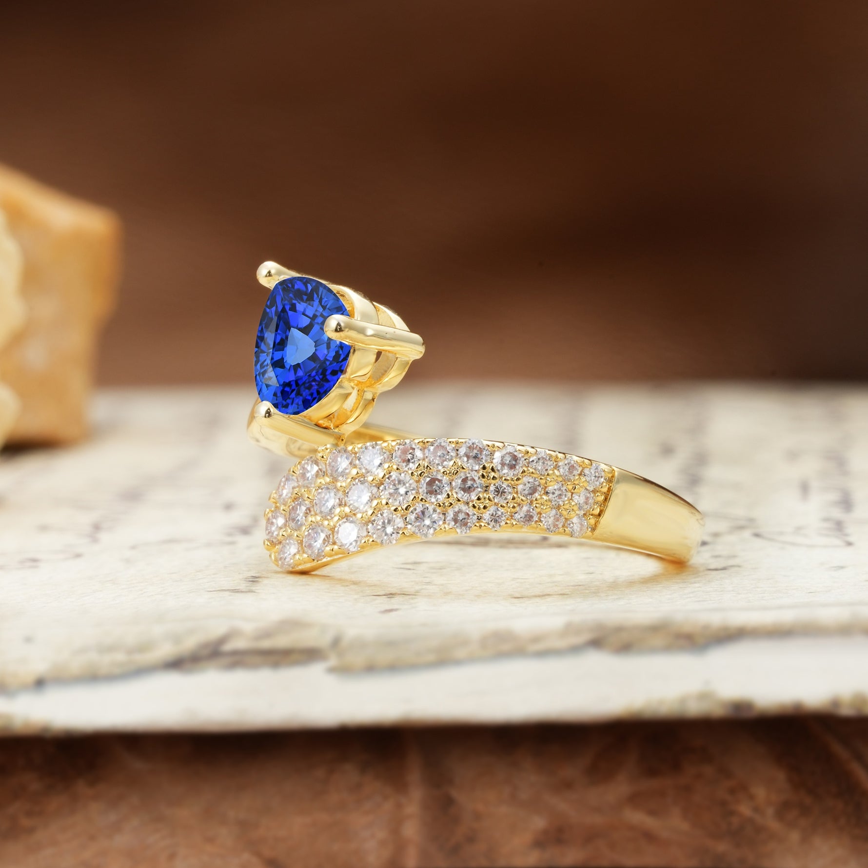 Unique & Luxurious Single-Row Pavé, 3-Prong, Heart-Cut Diamond Ring Sapphire Engagement Ring - Additional view