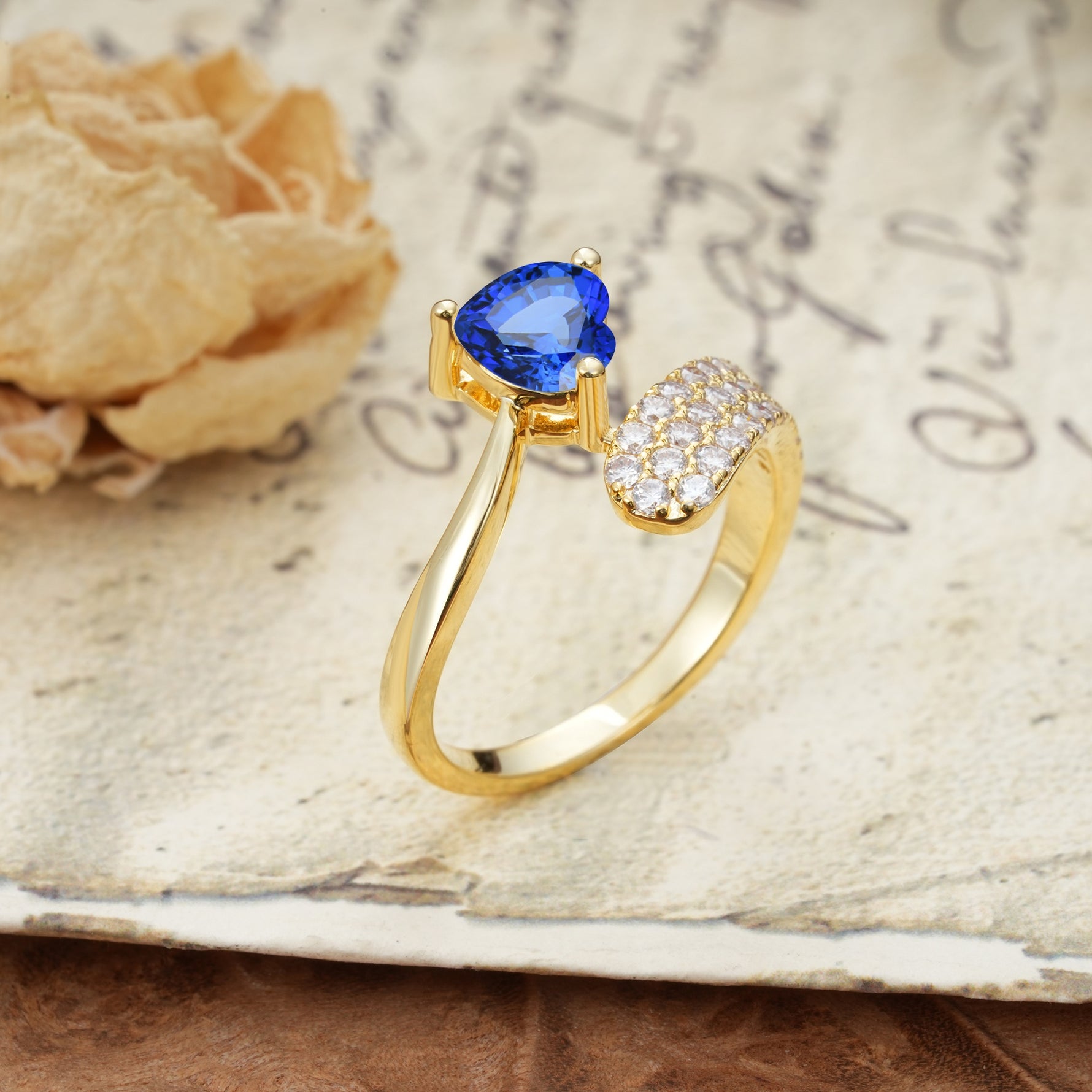 Unique & Luxurious Single-Row Pavé, 3-Prong, Heart-Cut Diamond Ring Sapphire Engagement Ring - Additional view
