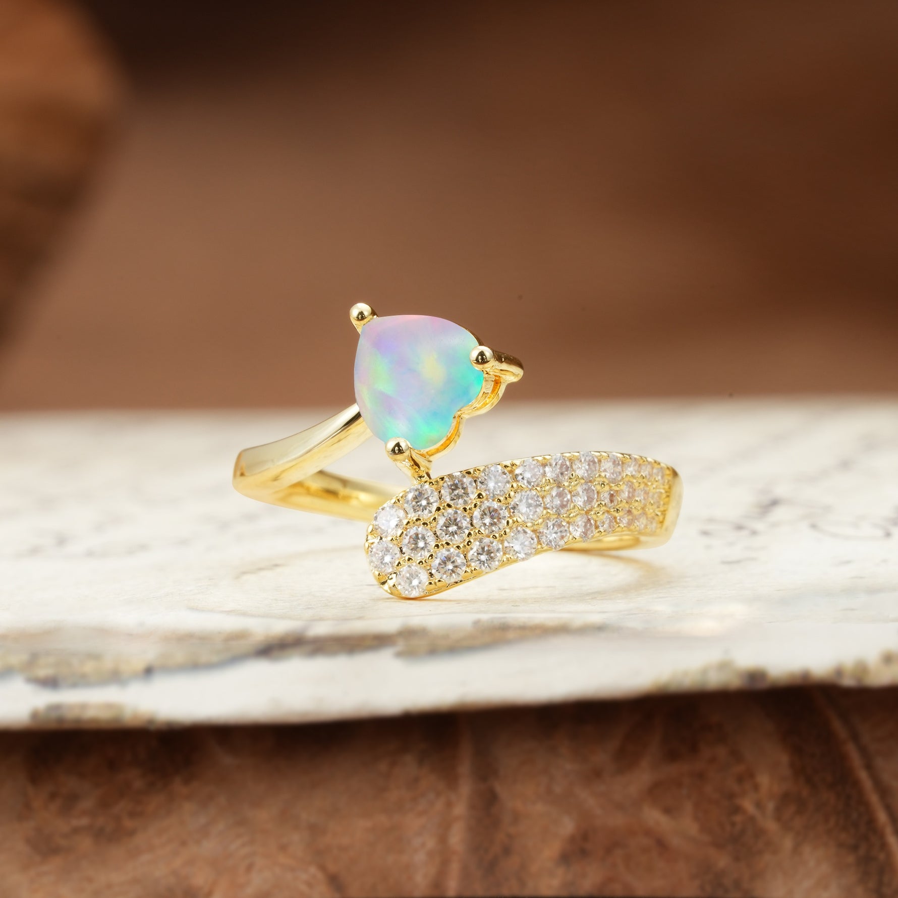 Unique & Luxurious Single-Row Pavé, 3-Prong, Heart-Cut Diamond Ring Fire Opal Engagement Ring - Additional view