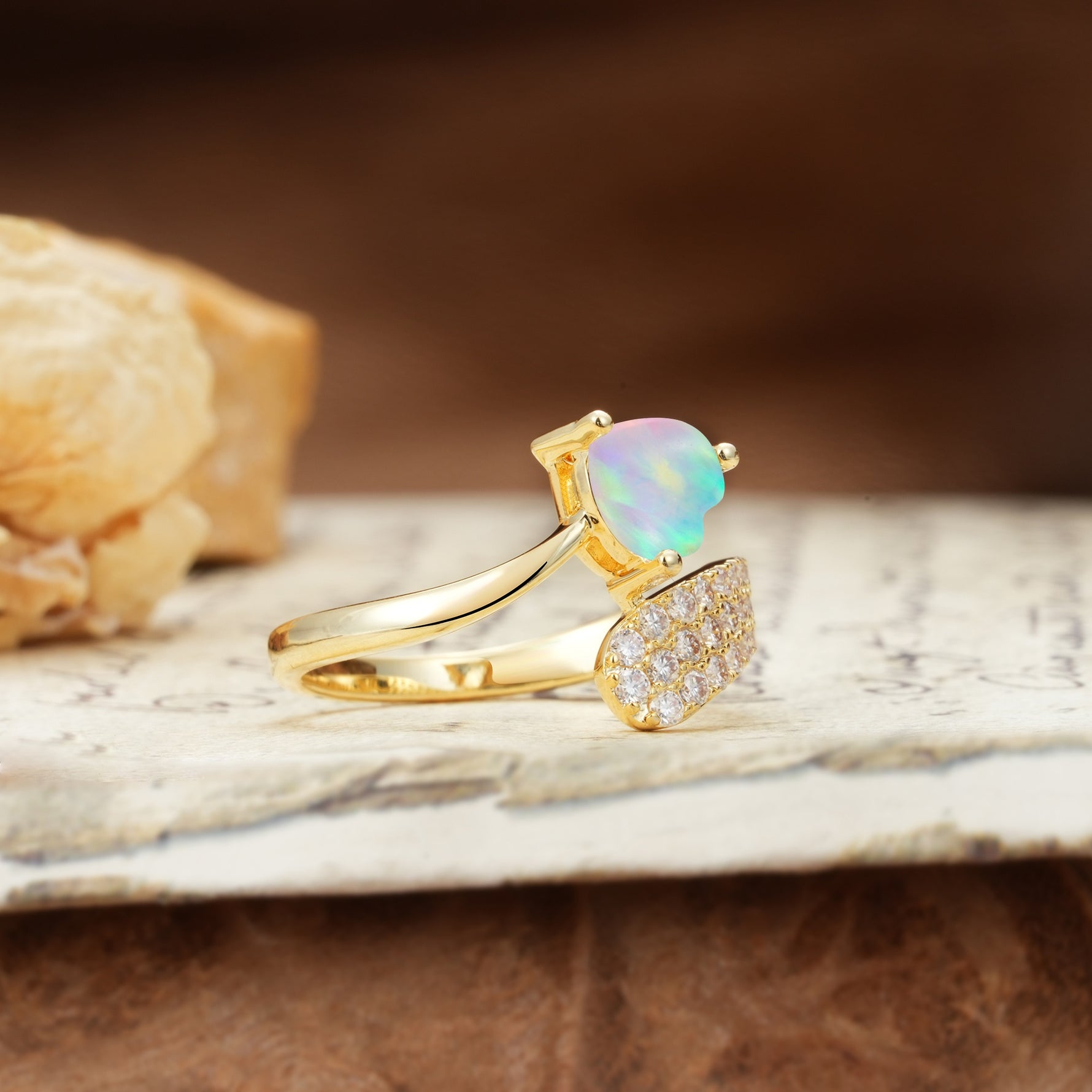 Unique & Luxurious Single-Row Pavé, 3-Prong, Heart-Cut Diamond Ring Fire Opal Engagement Ring - Additional view