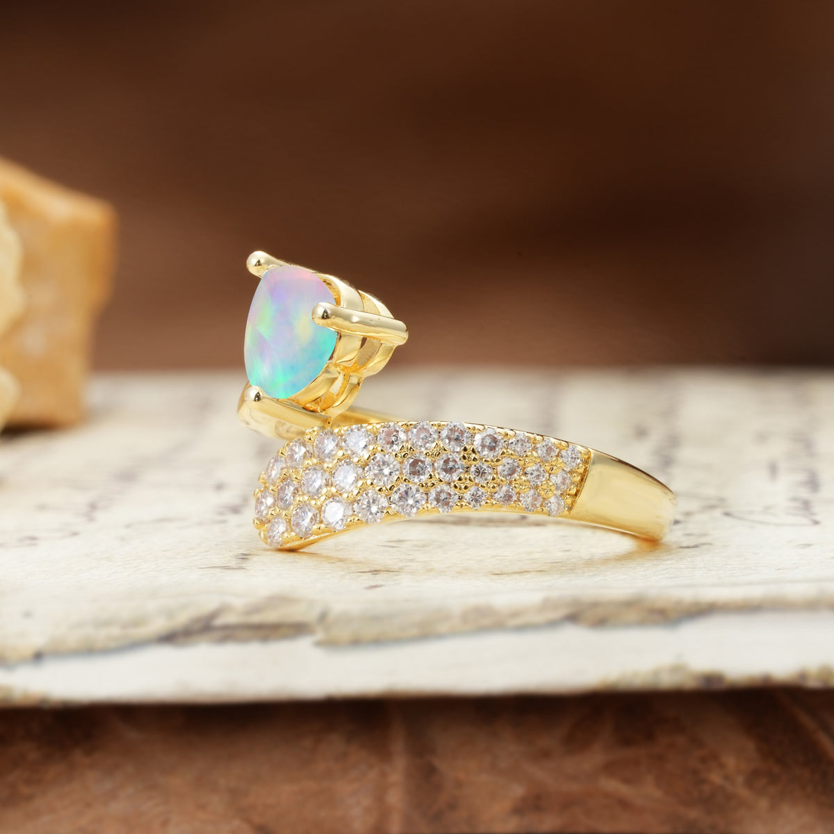 Unique & Luxurious Single-Row Pavé, 3-Prong, Heart-Cut Diamond Ring Fire Opal Engagement Ring - Additional view