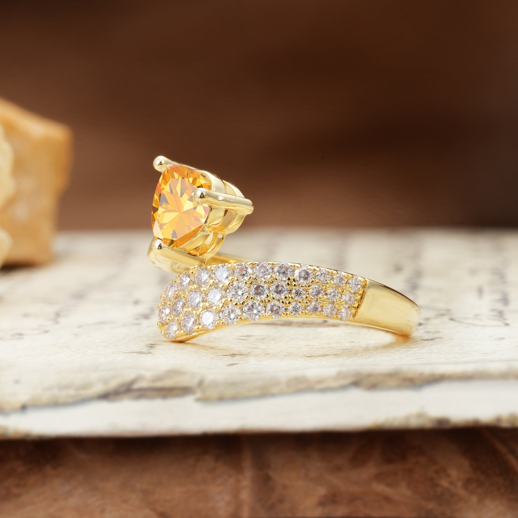 Unique & Luxurious Single-Row Pavé, 3-Prong, Heart-Cut Diamond Ring Citrine Engagement Ring - Additional view