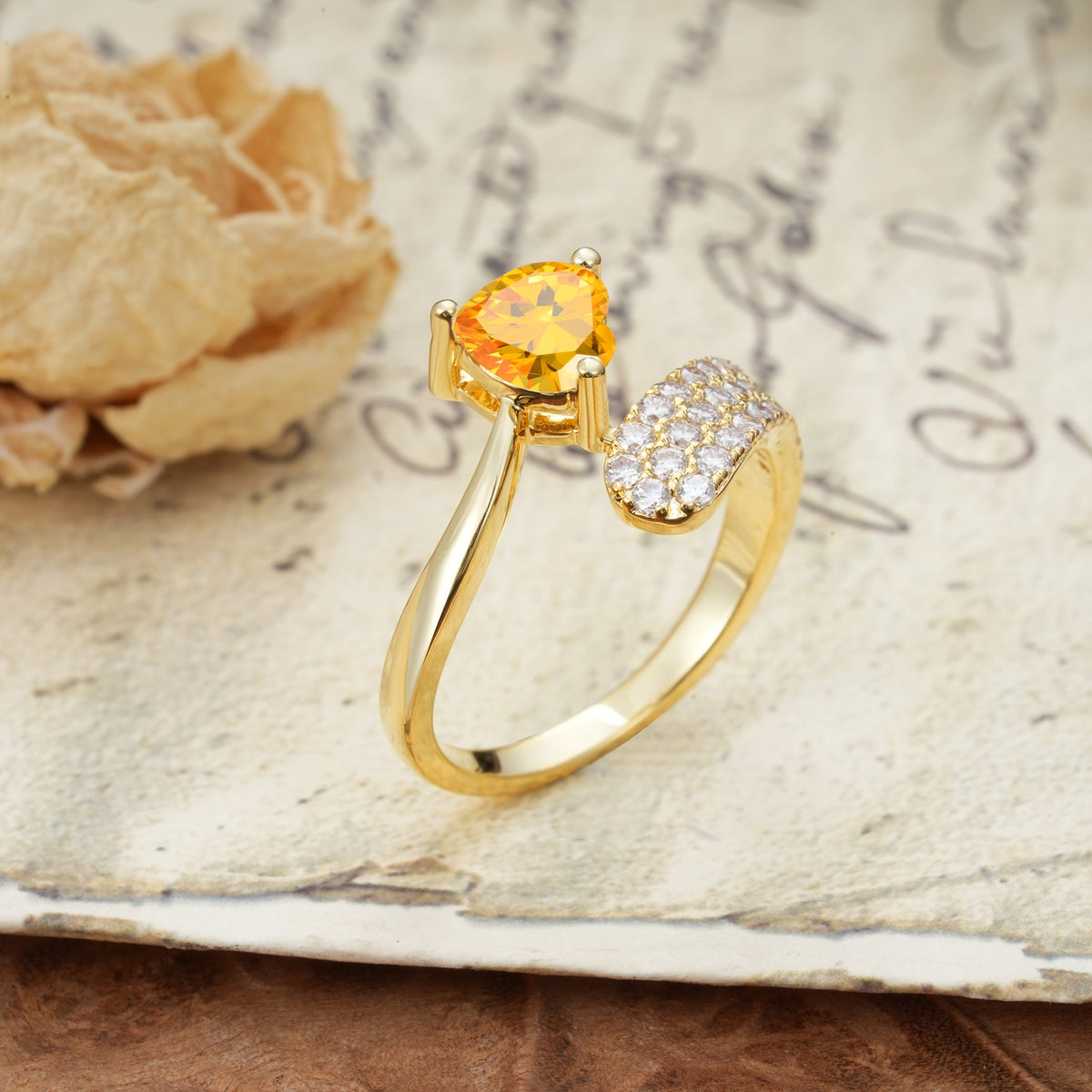 Unique & Luxurious Single-Row Pavé, 3-Prong, Heart-Cut Diamond Ring Citrine Engagement Ring - Additional view