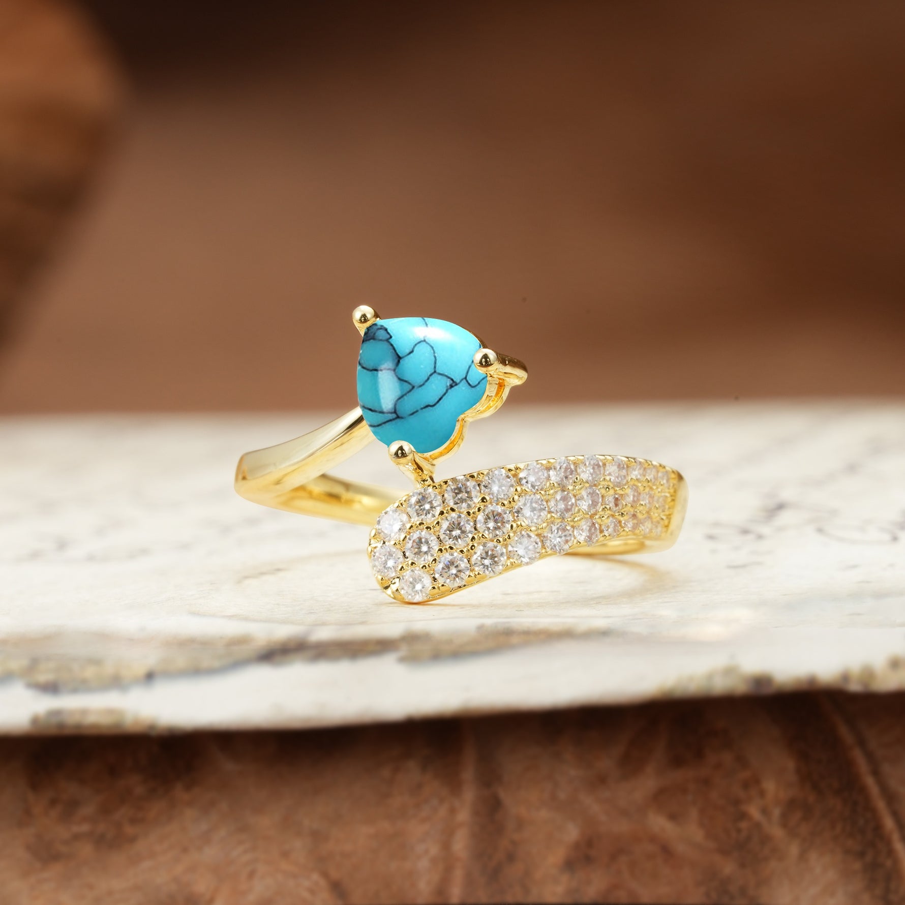 Unique & Luxurious Single-Row Pavé, 3-Prong, Heart-Cut Diamond Ring Turquoise Engagement Ring - Additional view