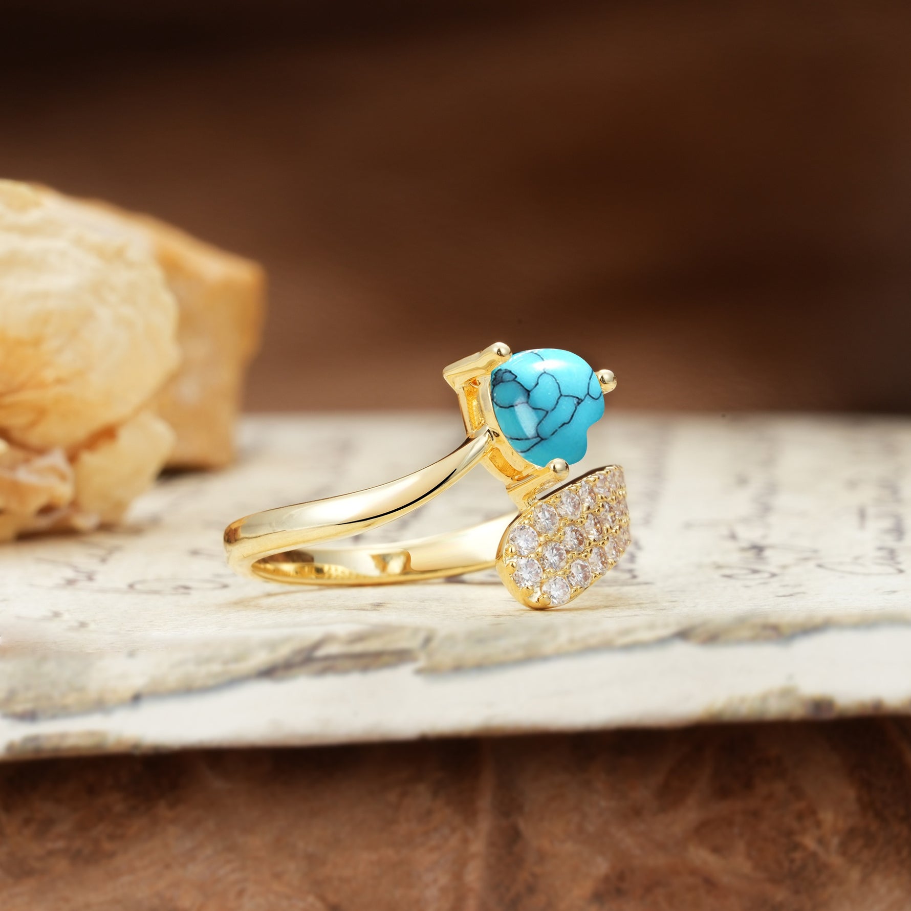 Unique & Luxurious Single-Row Pavé, 3-Prong, Heart-Cut Diamond Ring Turquoise Engagement Ring - Additional view