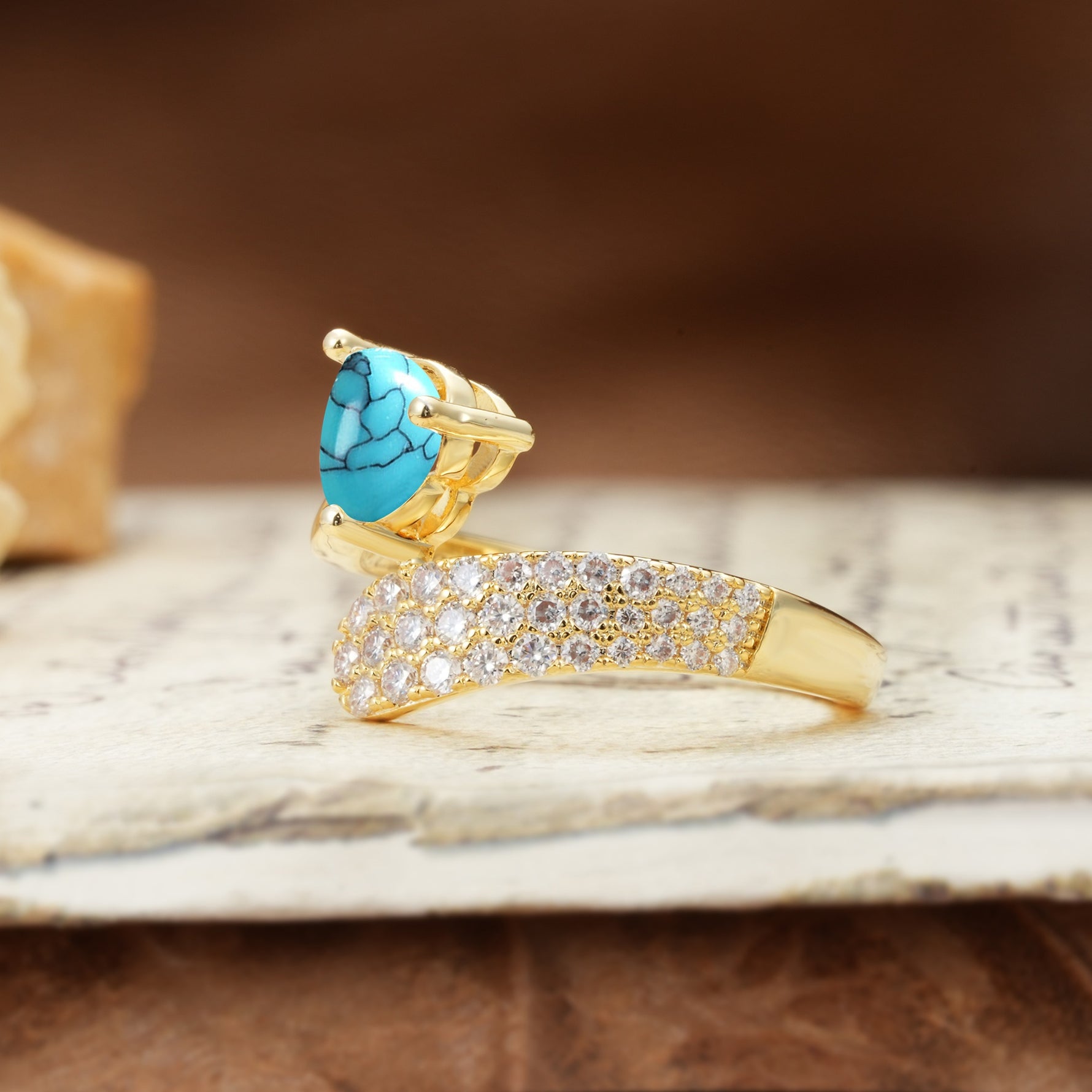 Unique & Luxurious Single-Row Pavé, 3-Prong, Heart-Cut Diamond Ring Turquoise Engagement Ring - Additional view