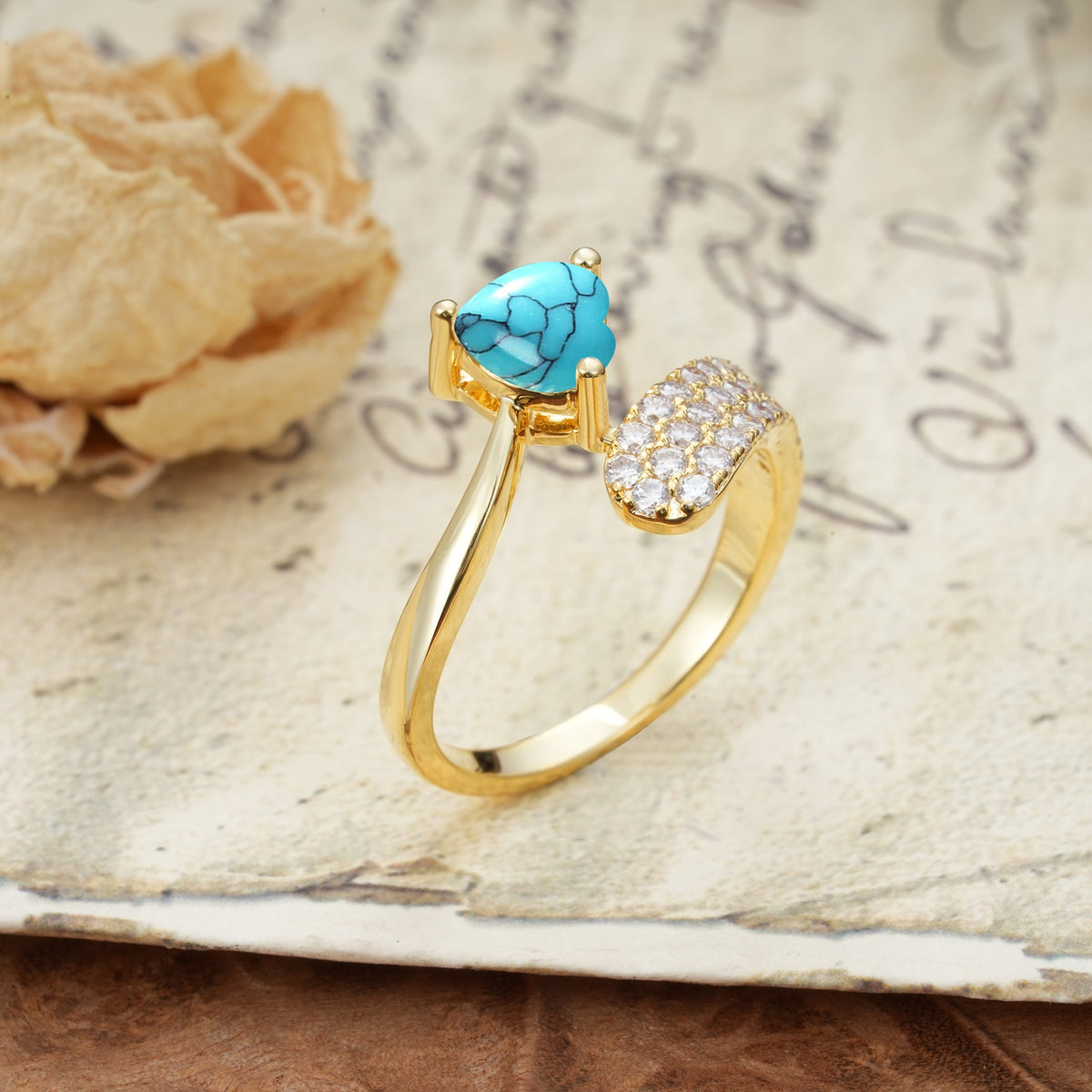 Unique & Luxurious Single-Row Pavé, 3-Prong, Heart-Cut Diamond Ring Turquoise Engagement Ring - Additional view