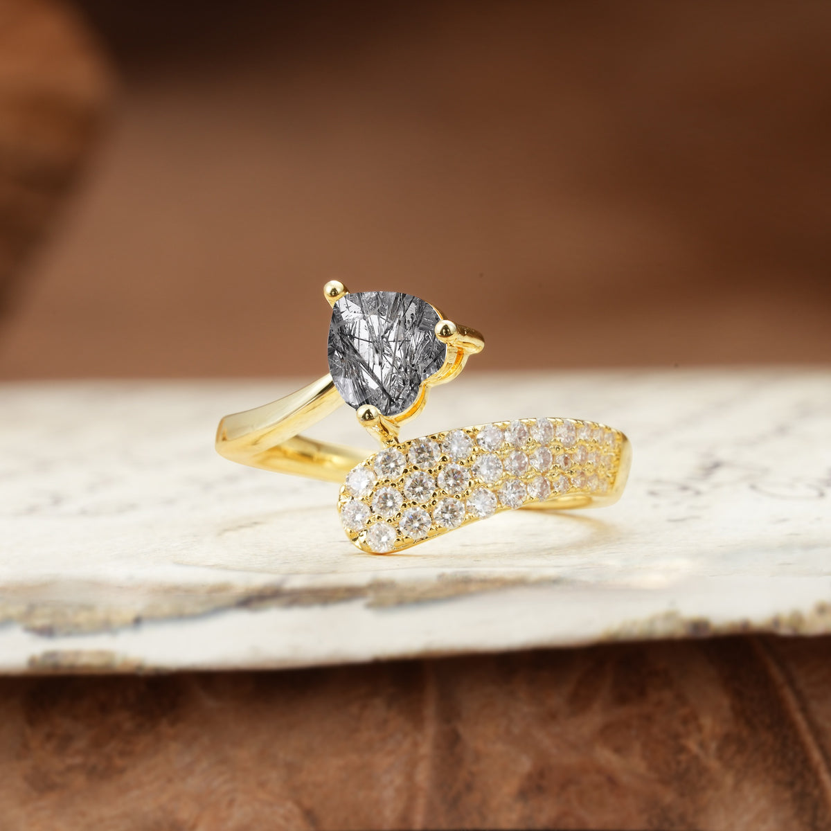 Unique & Luxurious Single-Row Pavé, 3-Prong, Heart-Cut Diamond Ring Black Rutilated Quartz Engagement Ring - Additional view