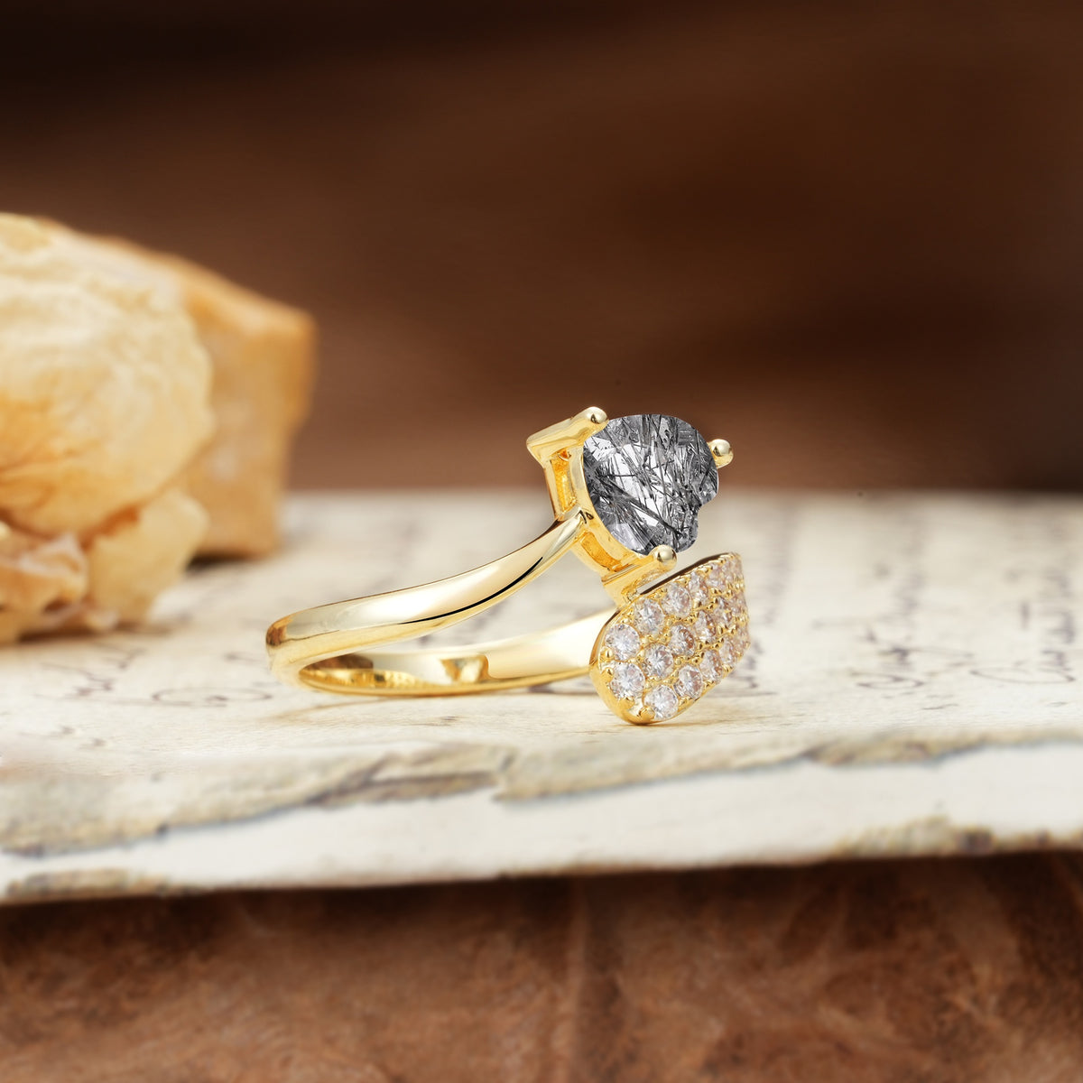 Unique & Luxurious Single-Row Pavé, 3-Prong, Heart-Cut Diamond Ring Black Rutilated Quartz Engagement Ring - Additional view