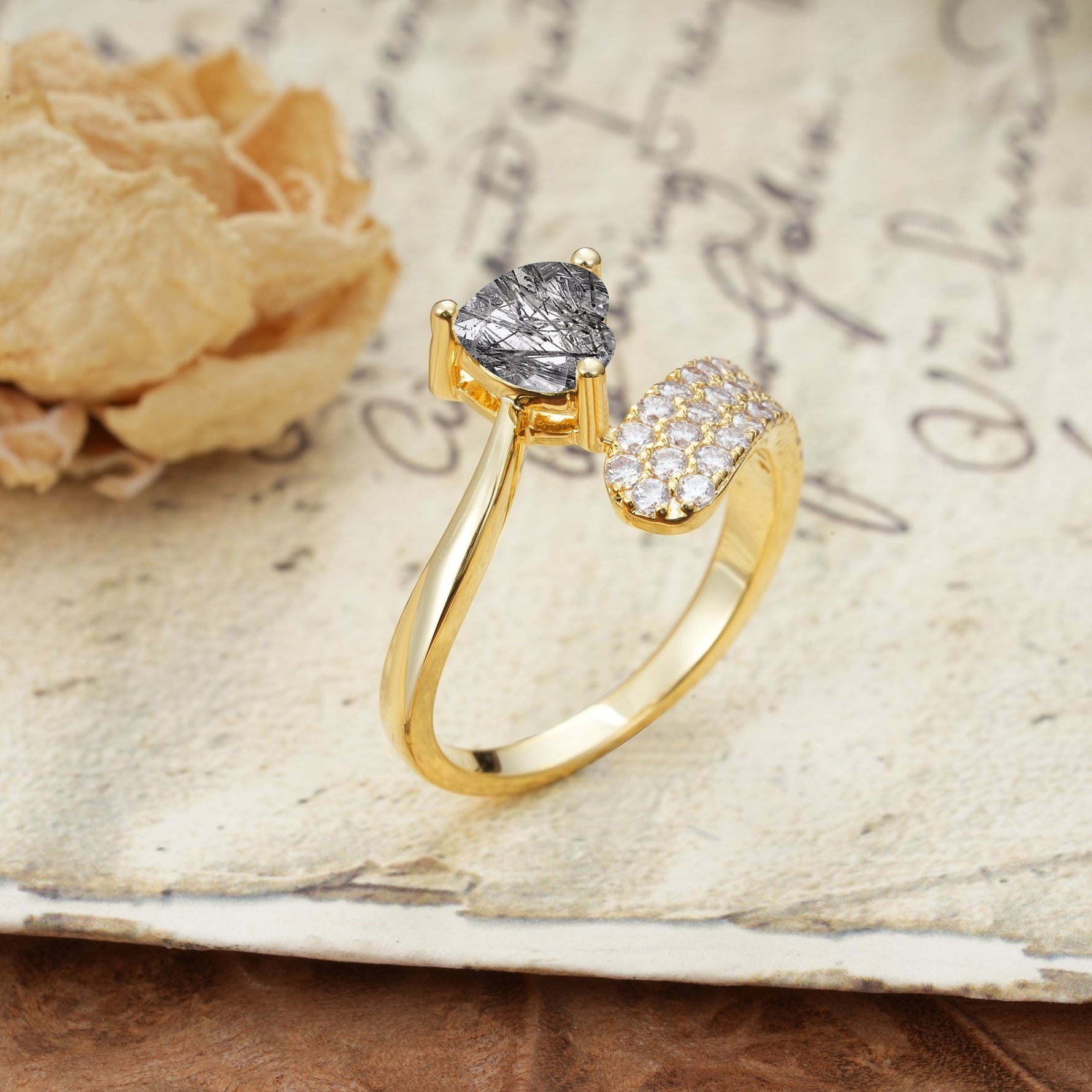 Unique & Luxurious Single-Row Pavé, 3-Prong, Heart-Cut Diamond Ring Black Rutilated Quartz Engagement Ring - Additional view