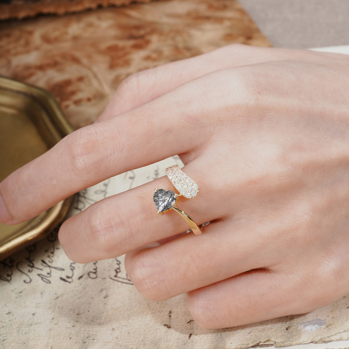 Unique & Luxurious Single-Row Pavé, 3-Prong, Heart-Cut Diamond Ring Black Rutilated Quartz Engagement Ring - Additional view