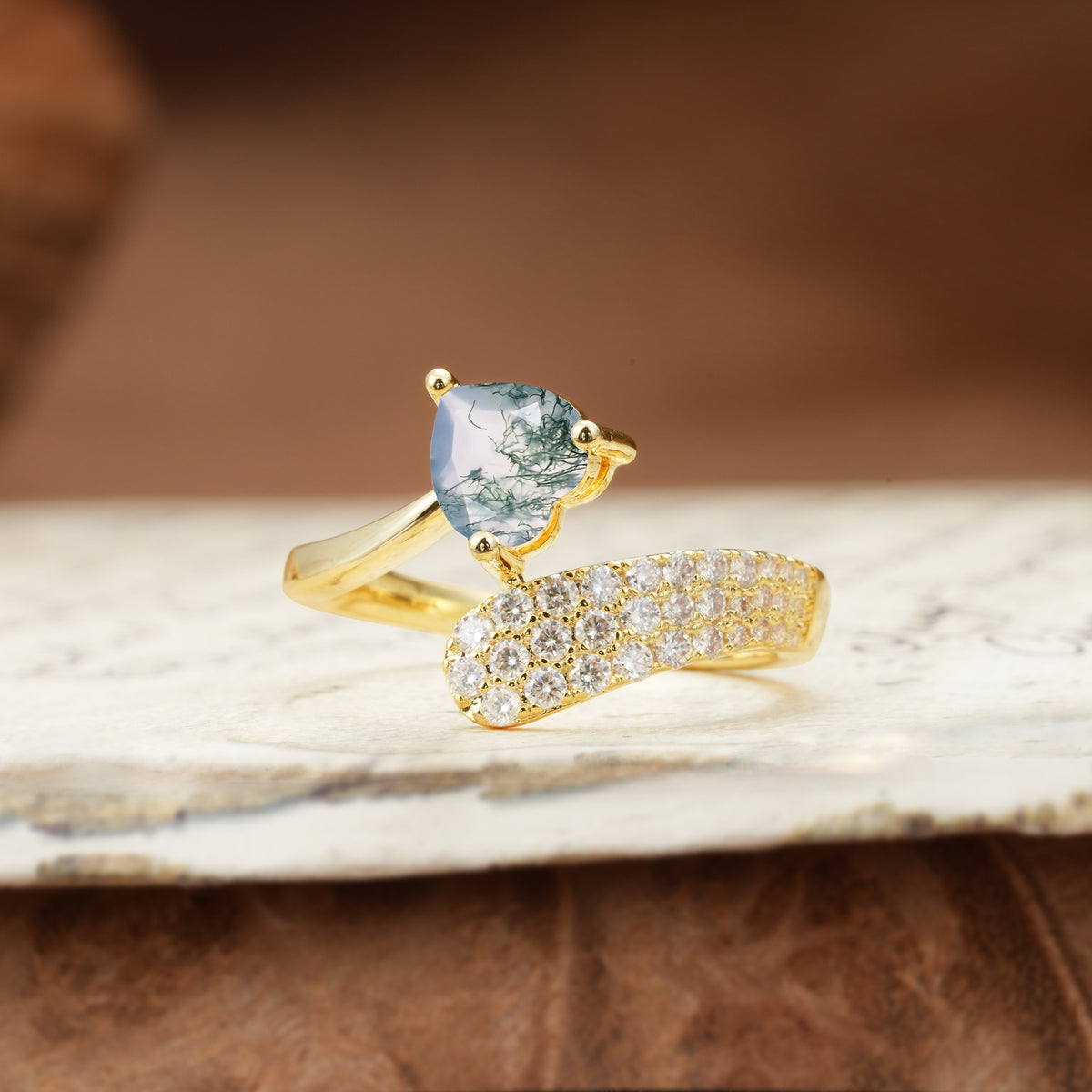 Unique & Luxurious Single-Row Pavé, 3-Prong, Heart-Cut Diamond Ring Moss Agate Engagement Ring - Additional view