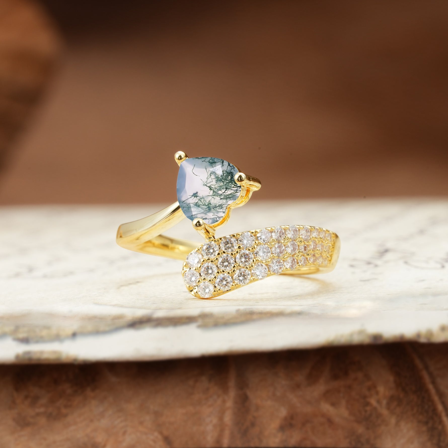 Unique & Luxurious Single-Row Pavé, 3-Prong, Heart-Cut Diamond Ring Moss Agate Engagement Ring - Additional view