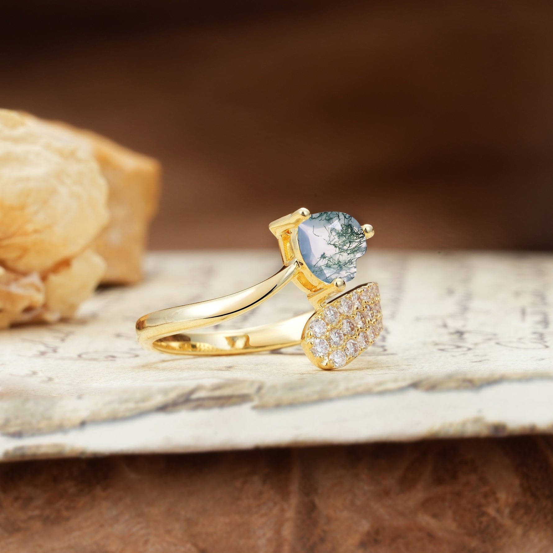 Unique & Luxurious Single-Row Pavé, 3-Prong, Heart-Cut Diamond Ring Moss Agate Engagement Ring - Additional view