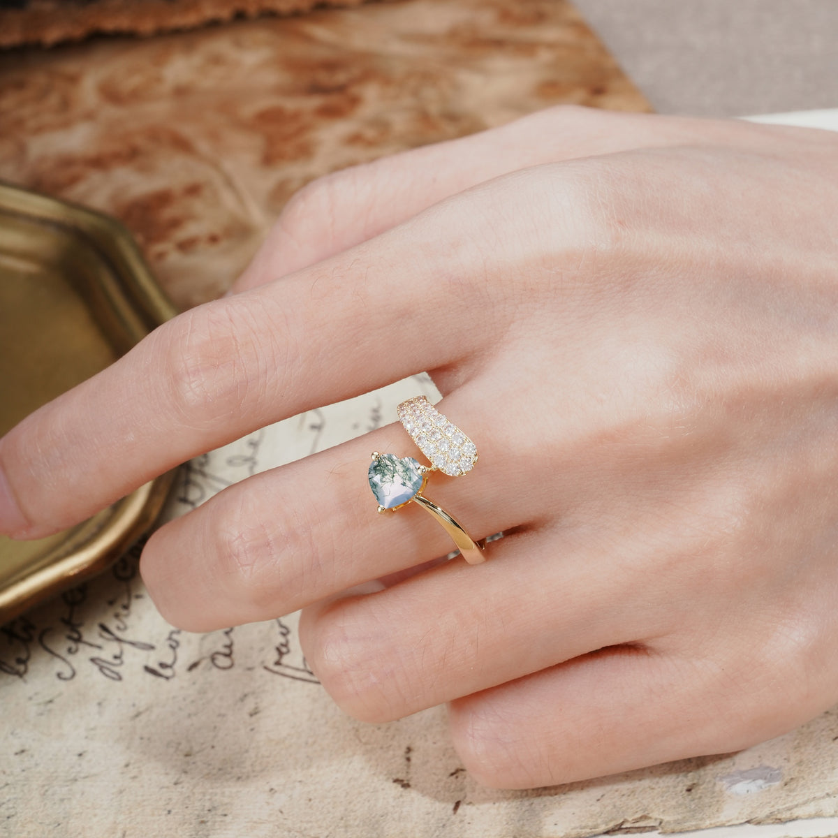 Unique & Luxurious Single-Row Pavé, 3-Prong, Heart-Cut Diamond Ring Moss Agate Engagement Ring - Additional view