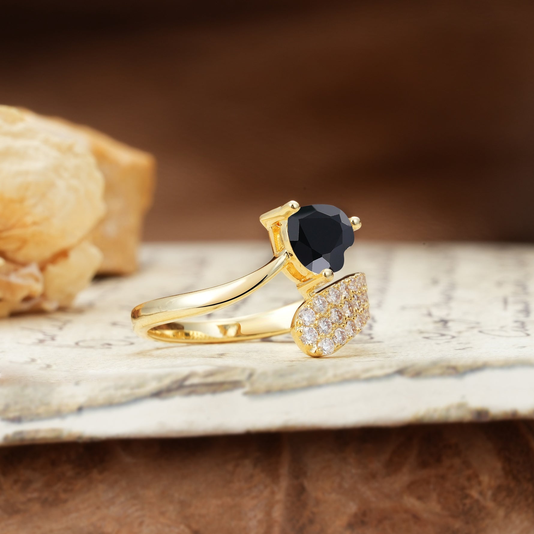 Unique & Luxurious Single-Row Pavé, 3-Prong, Heart-Cut Diamond Ring Black Onyx Engagement Ring - Additional view