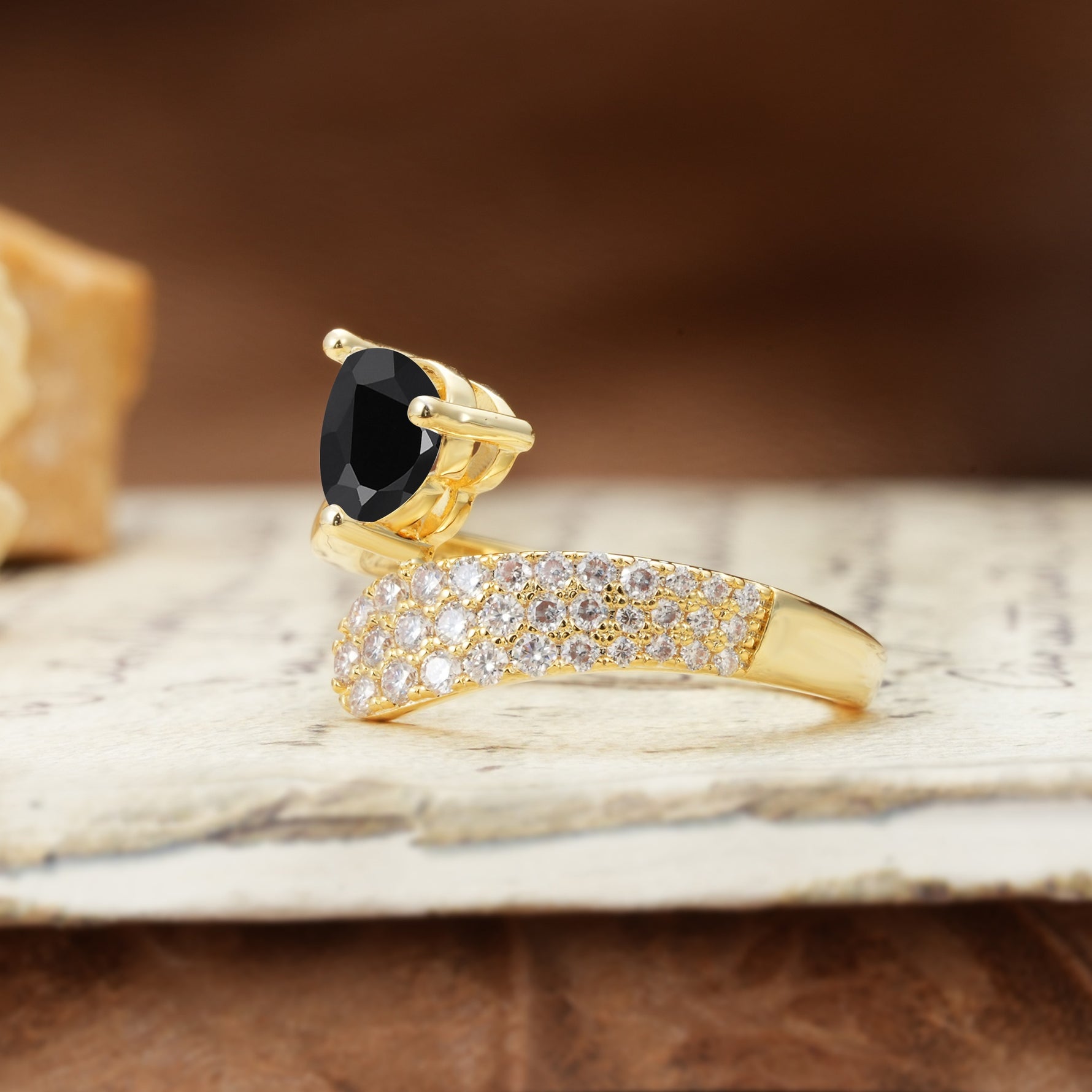 Unique & Luxurious Single-Row Pavé, 3-Prong, Heart-Cut Diamond Ring Black Onyx Engagement Ring - Additional view
