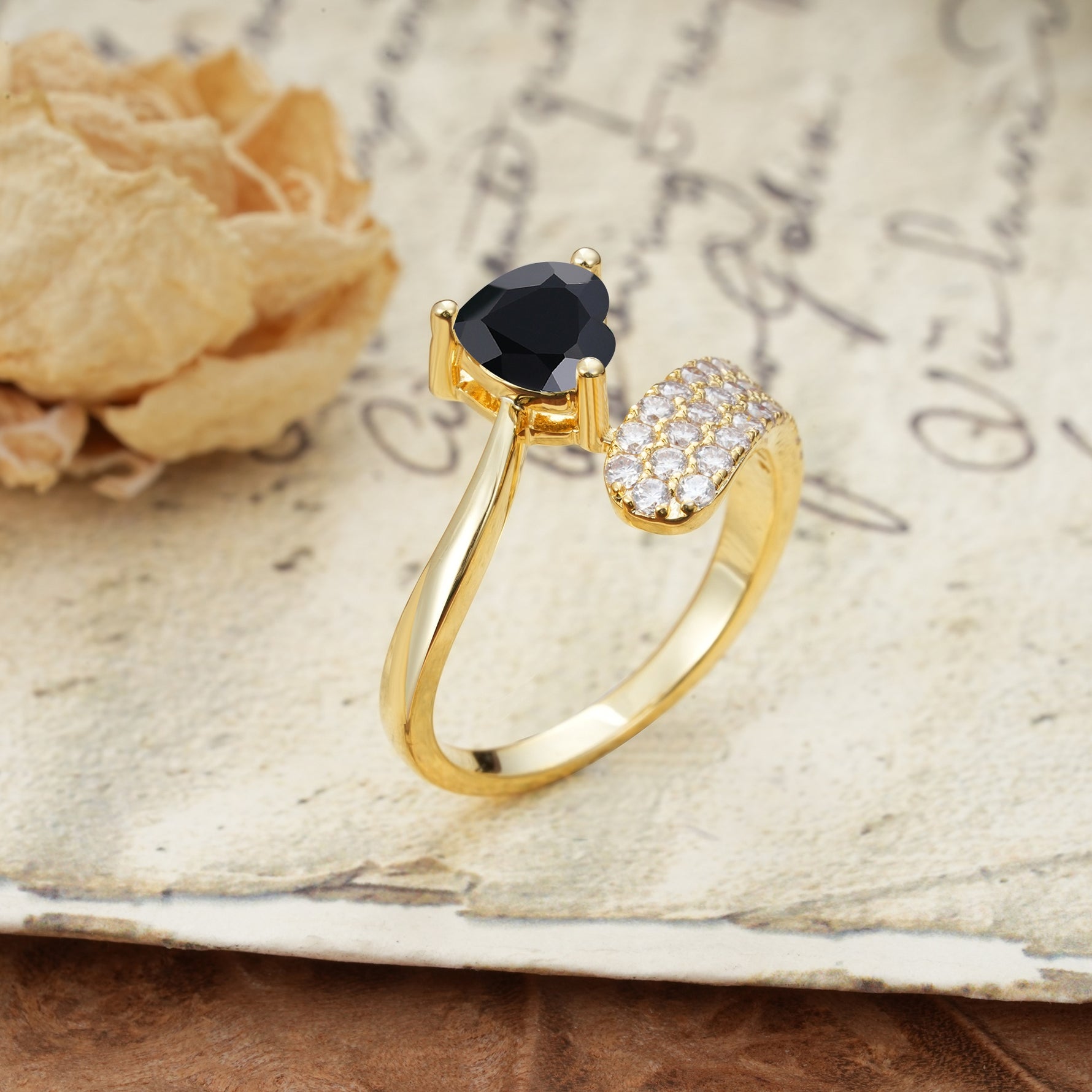 Unique & Luxurious Single-Row Pavé, 3-Prong, Heart-Cut Diamond Ring Black Onyx Engagement Ring - Additional view