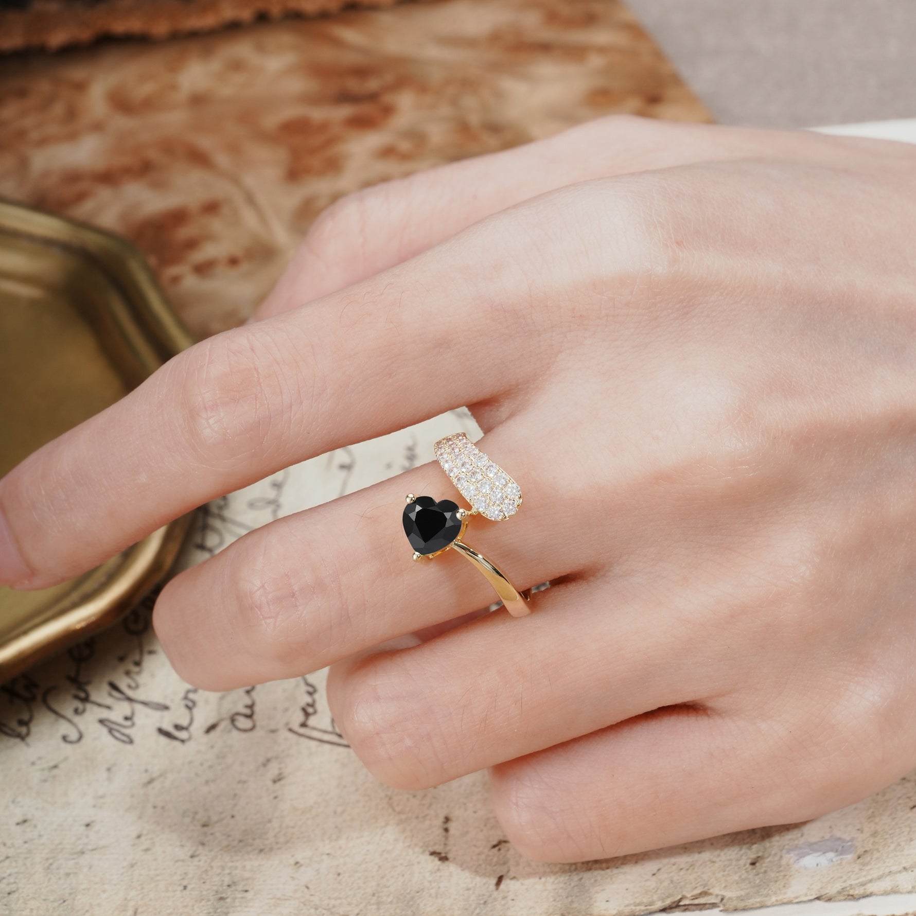 Unique & Luxurious Single-Row Pavé, 3-Prong, Heart-Cut Diamond Ring Black Onyx Engagement Ring - Additional view