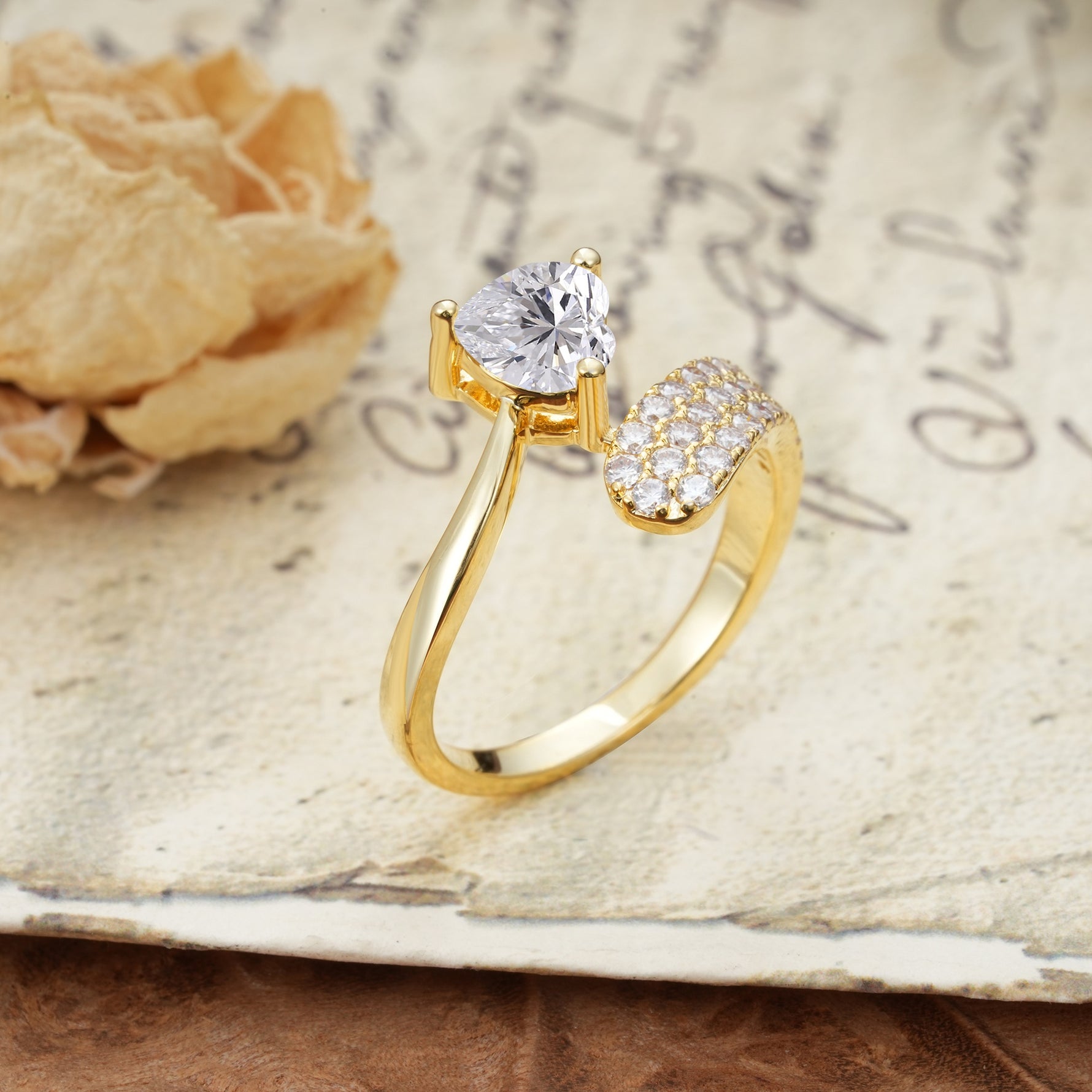Unique & Luxurious Single-Row Pavé, 3-Prong, Heart-Cut Diamond Ring Lab Diamond Engagement Ring - Additional view