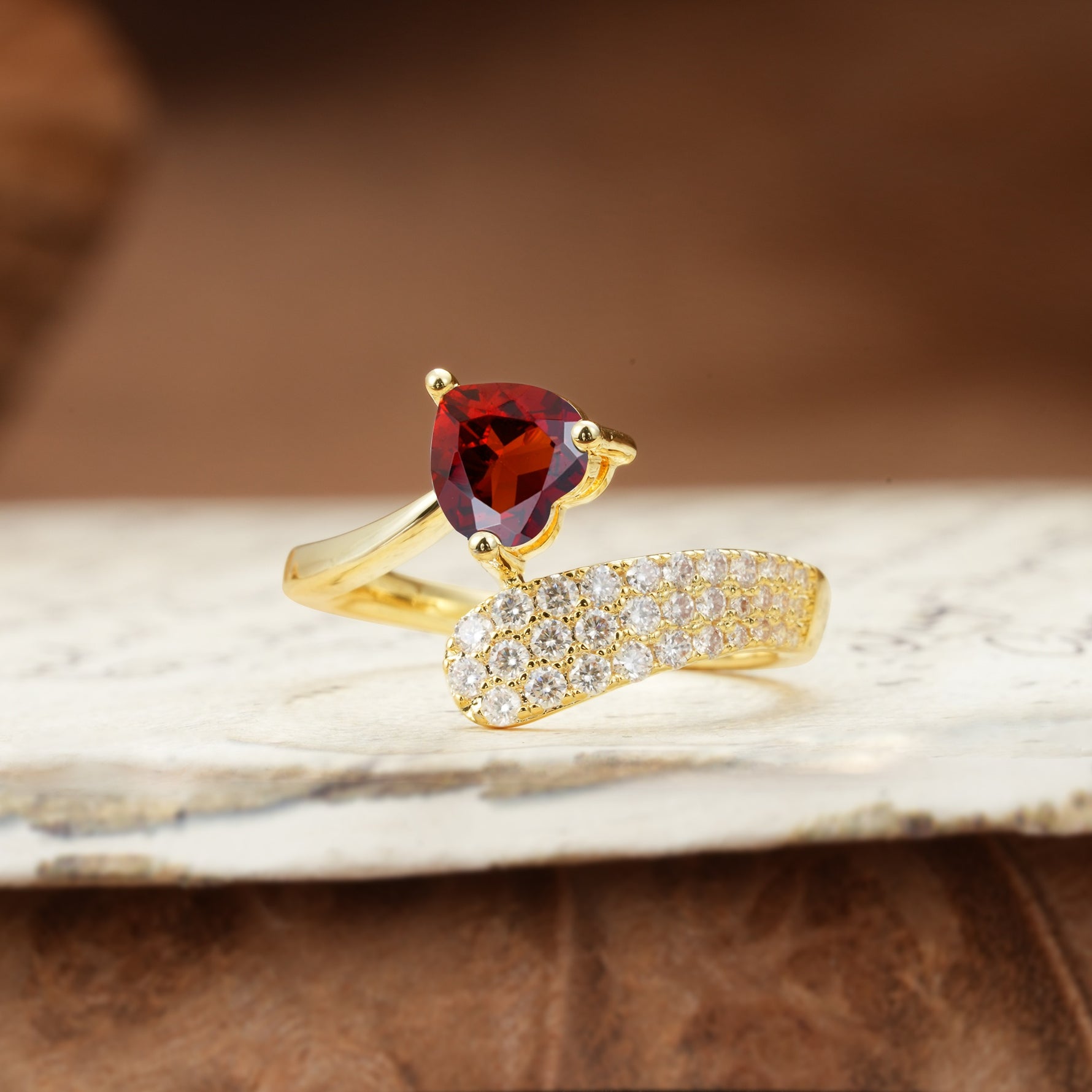 Unique & Luxurious Single-Row Pavé, 3-Prong, Heart-Cut Diamond Ring Garnet Engagement Ring - Additional view