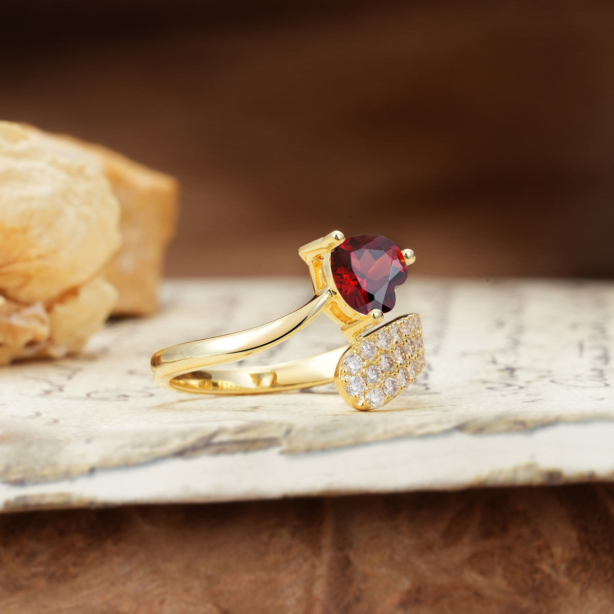 Unique & Luxurious Single-Row Pavé, 3-Prong, Heart-Cut Diamond Ring Garnet Engagement Ring - Additional view